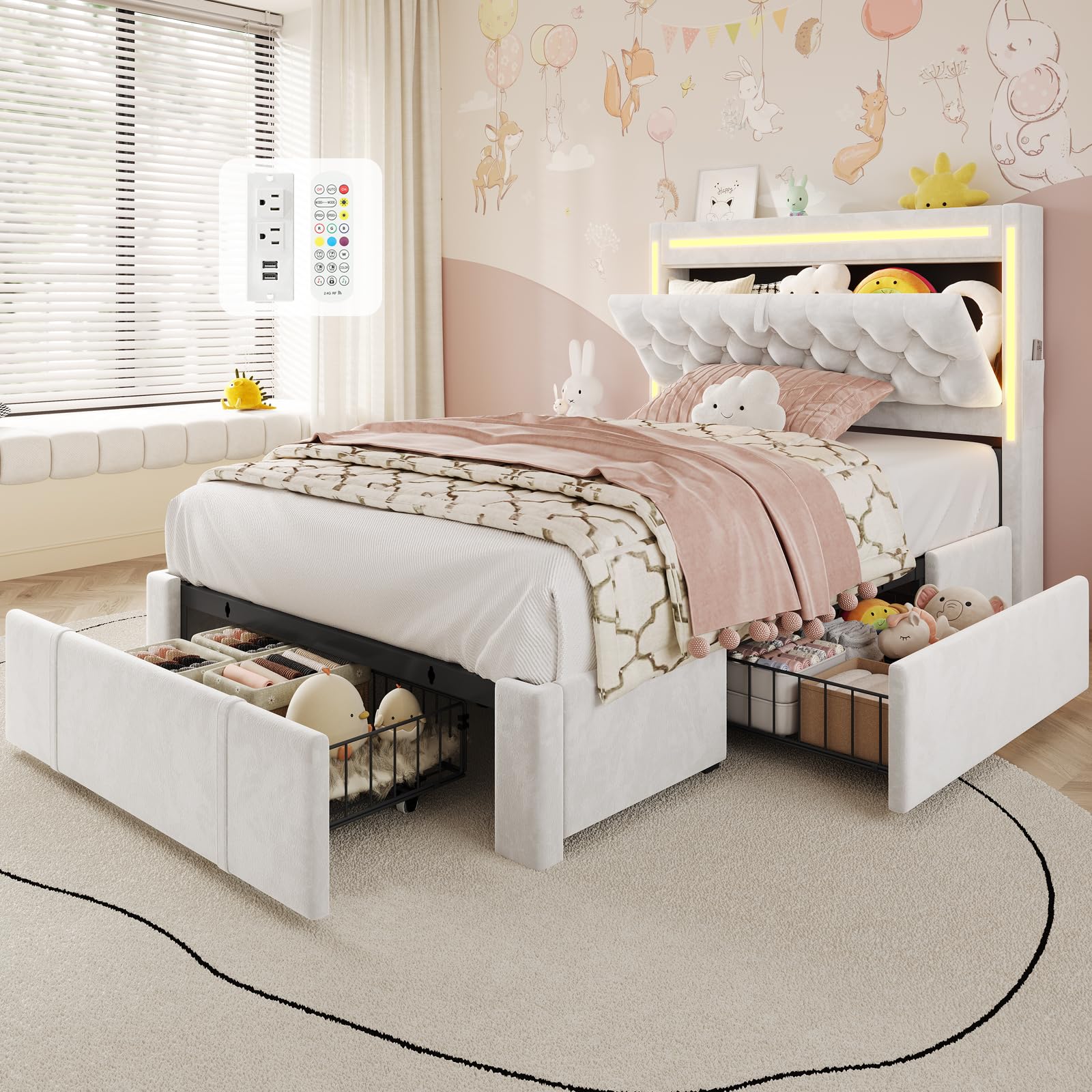 HAUOMS Twin Bed Frame with Storage Headboard & 3 XL Drawers, Power Outlet Type-C/A, Velvet Upholstered Princess Girls Bed Twin Size, No Box Spring