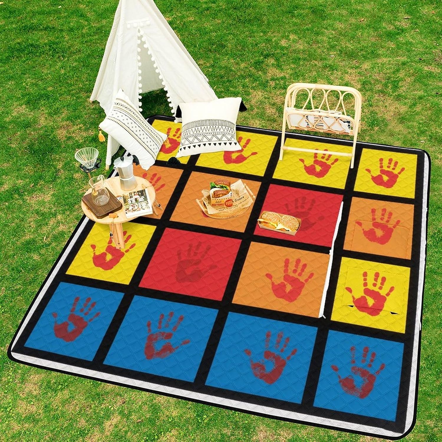 Handprints Picnic Blanket 200x200cm, Foldable 2-in-1 Picnic Mat and Tote Bag Portable Waterproof Beach Mat Sandproof Outdoor Blanket for Park, Hiking, Beach, Camping, Travel