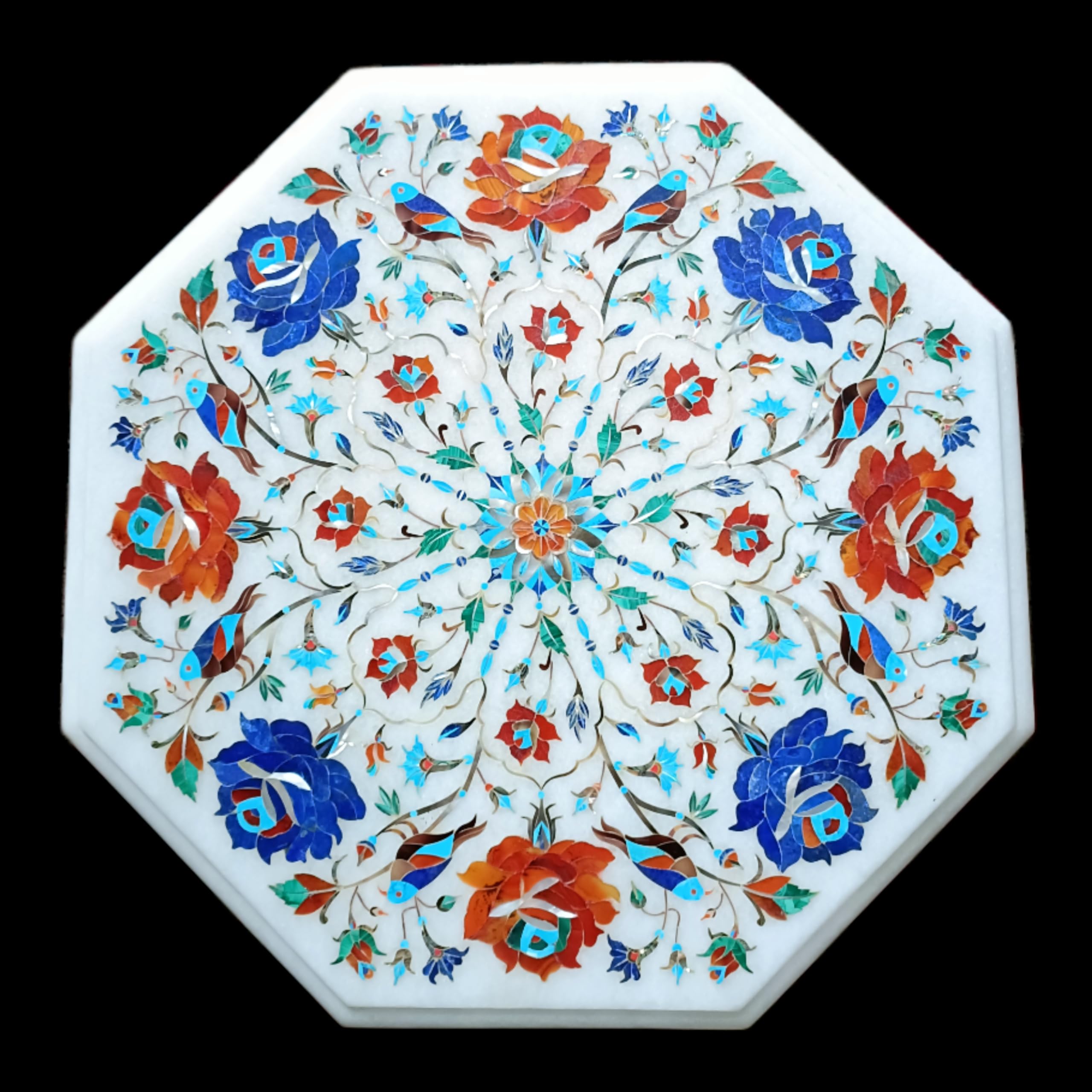 Dessus de table en marbre incrusté Pietra Dura, plateau floral octogonal multicolore