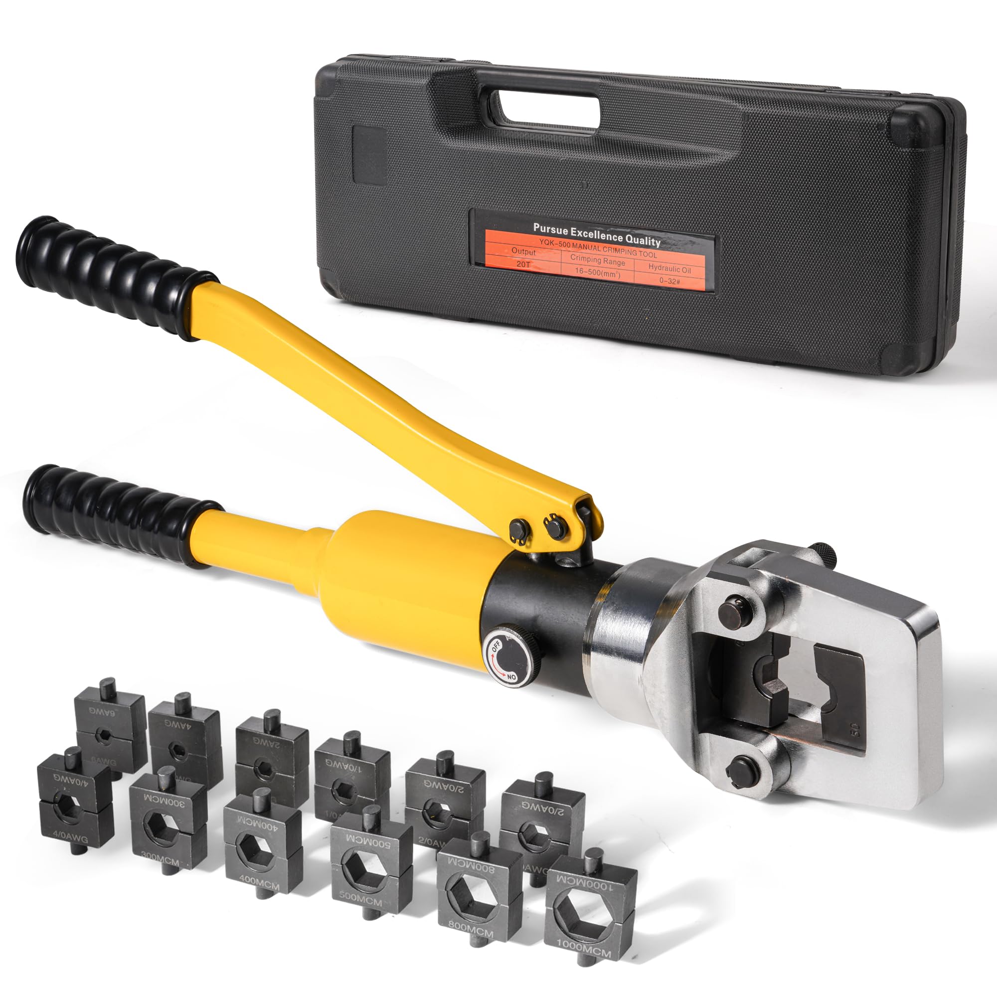 20 Ton Hydraulic Cable Lug Crimper Pliers 6 AWG to 1000 MCM Hand Operated Hydraulic Crimping Tool Kit Wire Terminal Lug Battery Crimping Crimper with 13 Dies