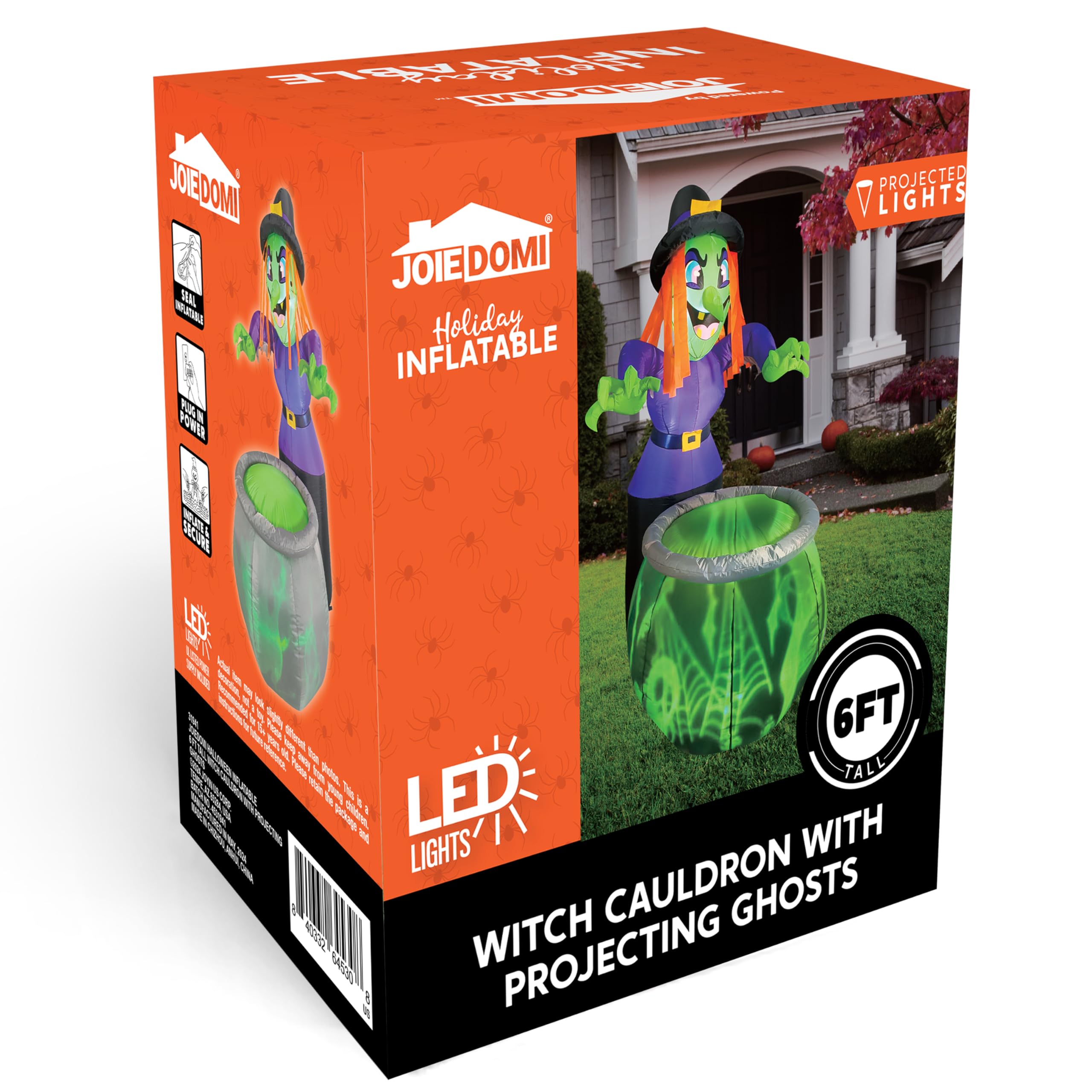Joiedomi 6 Fuß große aufblasbare Hexe und Kessel-Dekoration für Halloween mit projizierendem rotierendem grünem Geisterlicht, aufblasbare Gartendekoration mit eingebauten LEDs für Halloween-Partys