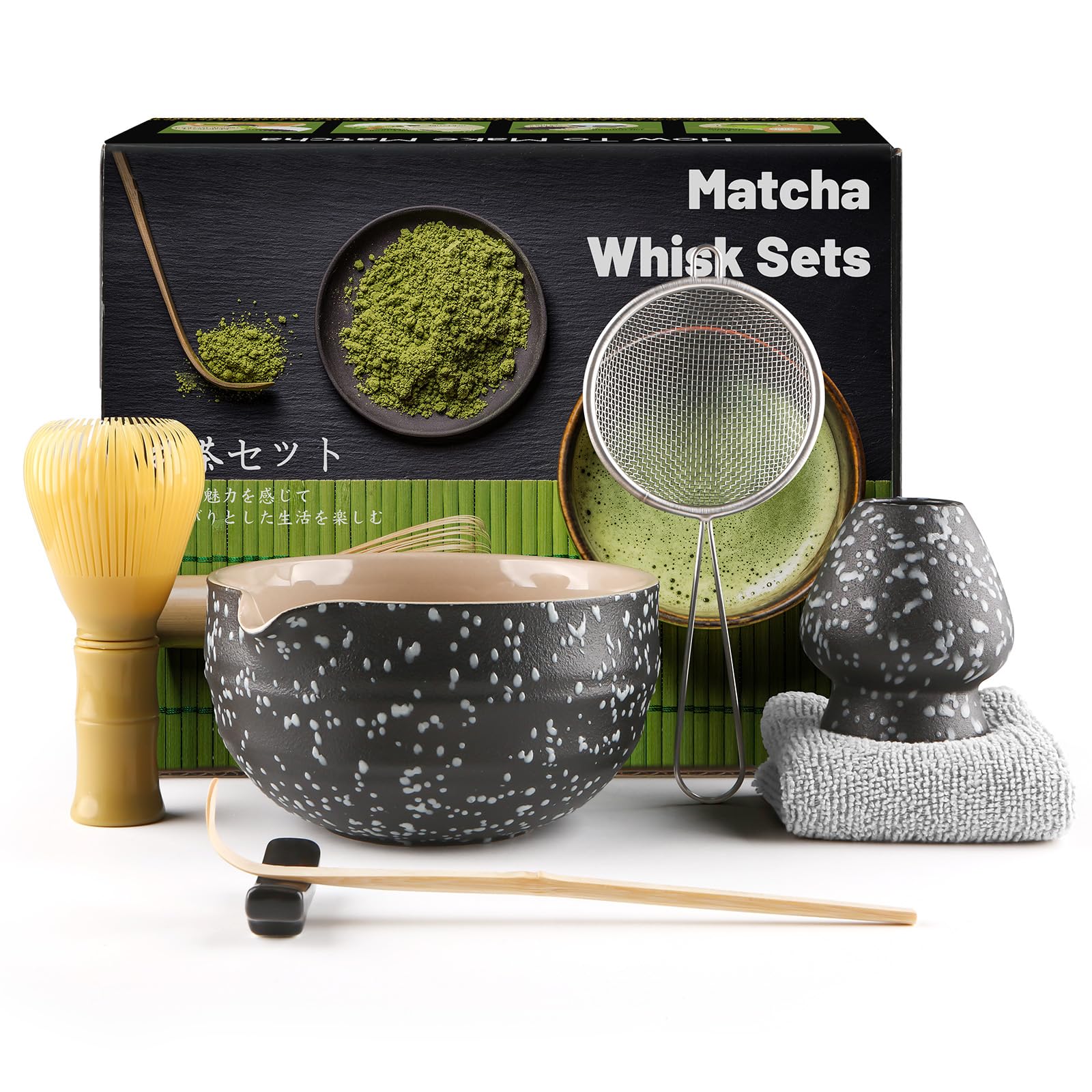 Muexoee 7 Pcs Matcha Set,Matcha Tea for Making Breakfast/Latte,Whisk Set and Bowl with All Accessories，Authentic Tea Ceremony，Black Spotted Bowl, Stirrer Yellow