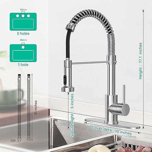 Miniatura 2 de Grifos de cocina con rociador extraíble, grifo de fregadero de cocina comercial de resorte de níquel cepillado, latón macizo con mesa de montaje de