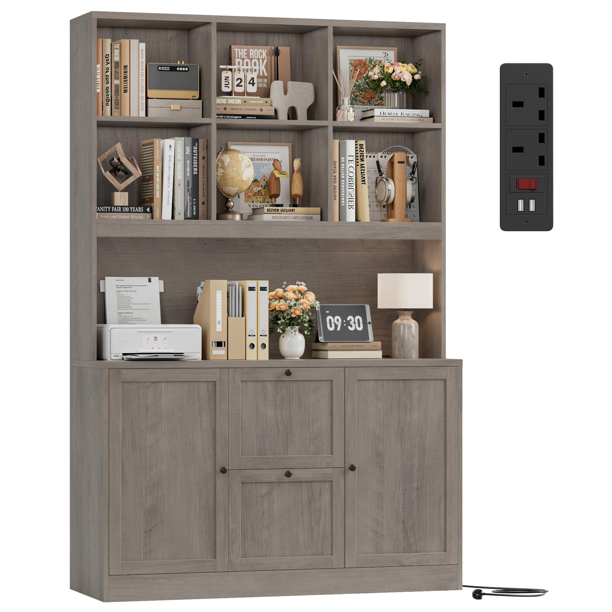 FirFurd Bookcase Tall Bookshelf with Power Outlet, 2-Drawer Filing Cabinet for A4/Letter Files, Storage Cabinet with Countertop for Printer, 2 Tier Book Shelf & Doors, Home Office 116x40x182cm Brown