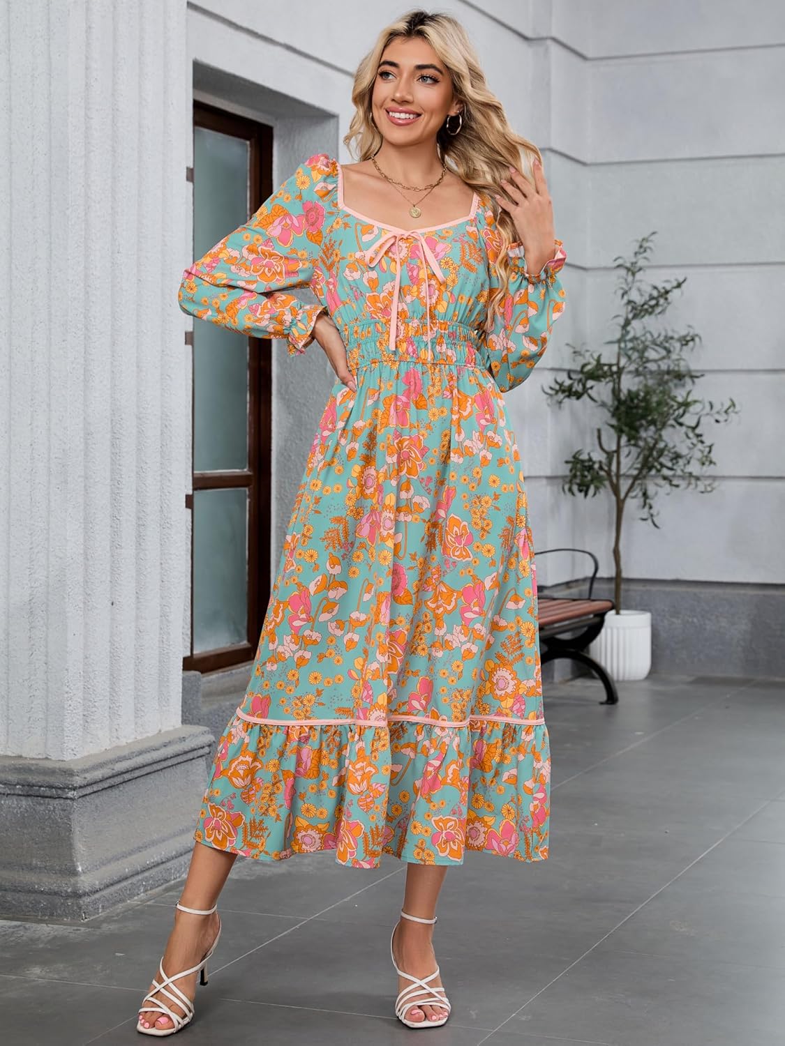 ZAFUL Women's 2025 Long Sleeve Square Neck Fall Boho Floral Midi Dress High Waist Flowy A Line Tiered Wedding Guest Dresses - Image 6