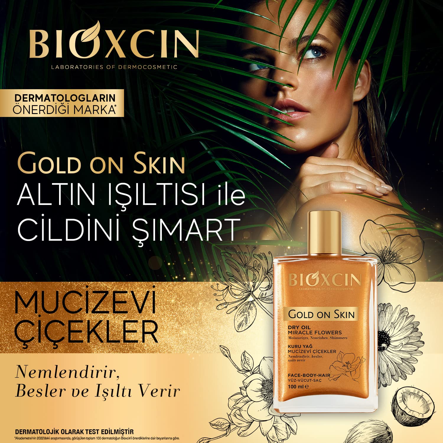 Bioxcin Gold On Skin Kuru Yağ – Yasemin, Manolya, Hanımeli, Kalendula ve Hindistan Cevizi Yağları İçeren Işıltı Veren Nemlendirici – 100 ml – Tüm Cilt Tipleri İçin (2 paketi)