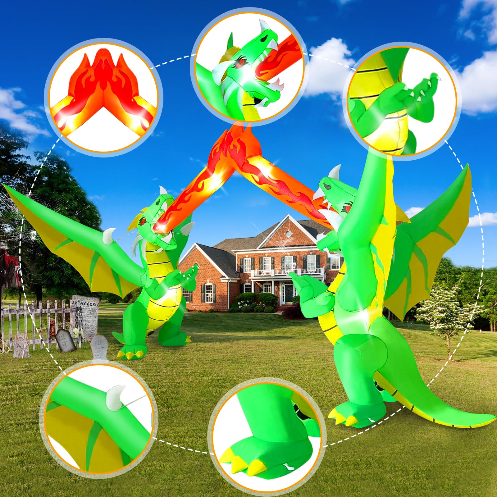 Kalolary Arco inflable de Halloween de 14 pies para decoración al aire libre, arco de dragón que respira fuego con LED integrados para decoración de interiores, fiestas, jardín, césped (arco de dragón