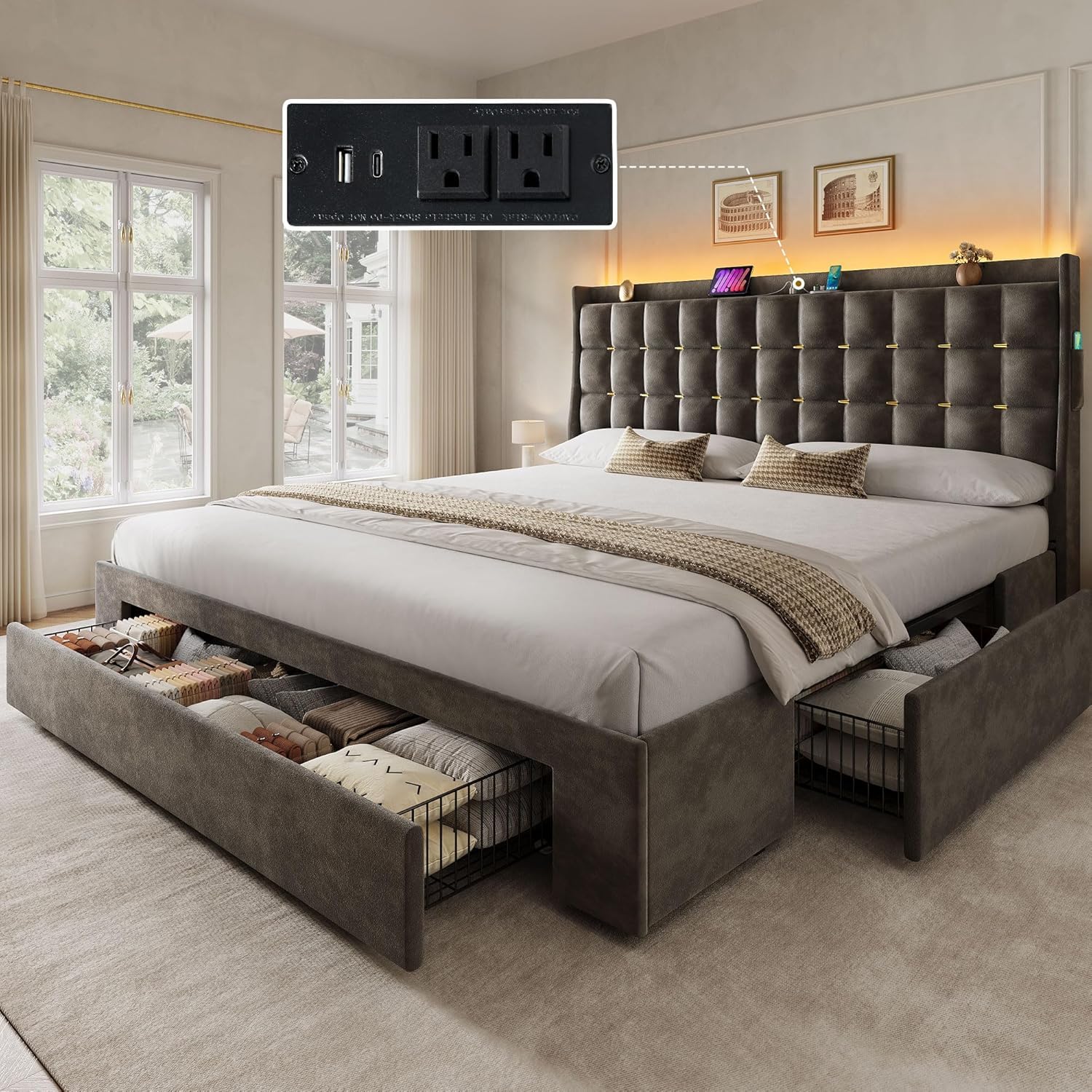Photo 1 of ***MISSING PIECES*** YITAHOME King Size Bed Frame with 3 Storage Drawers and RGB LED Lights, Velvet Upholstered Bed with Charging Station and Storage Headboard, No Box Spring Needed, Easy Assembly, Noise-Free, Grey