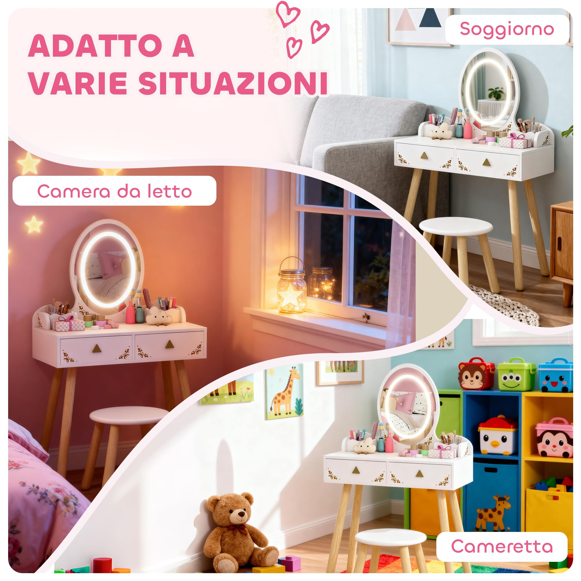 AIYAPLAY Set Toeletta 2 in 1 con Specchio Illuminato e Sgabello, Tavolo da Trucco con Luce LED a 3 Colori, 2 Cassetti e 2 Scatole in Legno, Tavolino per Bambini da 3+ Anni, Bianco