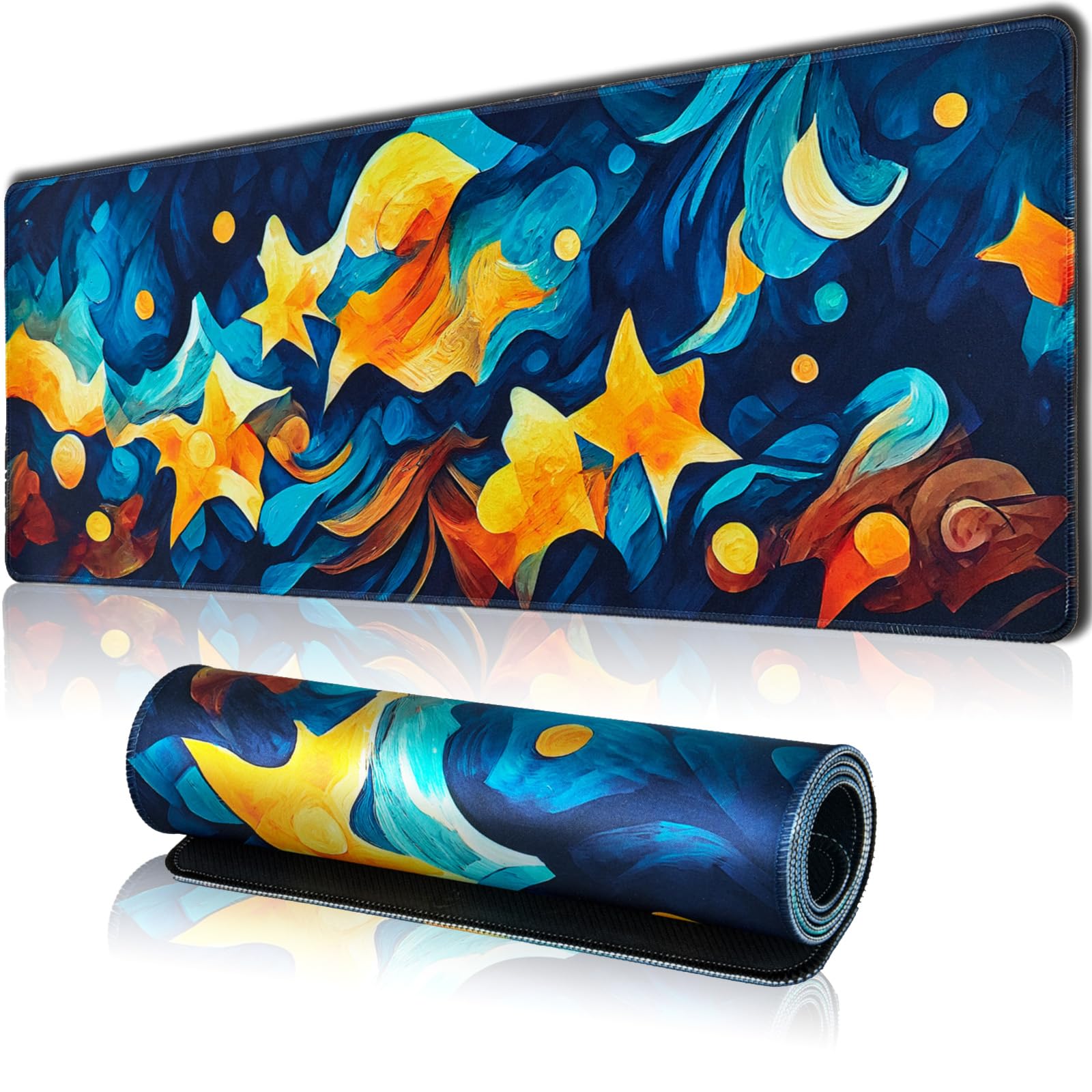 Hopipad Starry Night Large Gaming Mouse Pad for Desk, Desk Mat with Seamed Edges, Waterproof Desk Pad, Non-Slip Rubber Base, 31.5x11.8 Inch Keyboard Pad Computer Mat, Big XL Mousepad