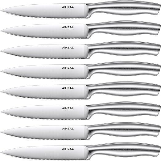 Steak Knives, Stainless Steel Steak Knives Set of 8, Never Needs Sharpening Dinner Steak Knife Set, 4.5 Inch Sharp Micro Serrated