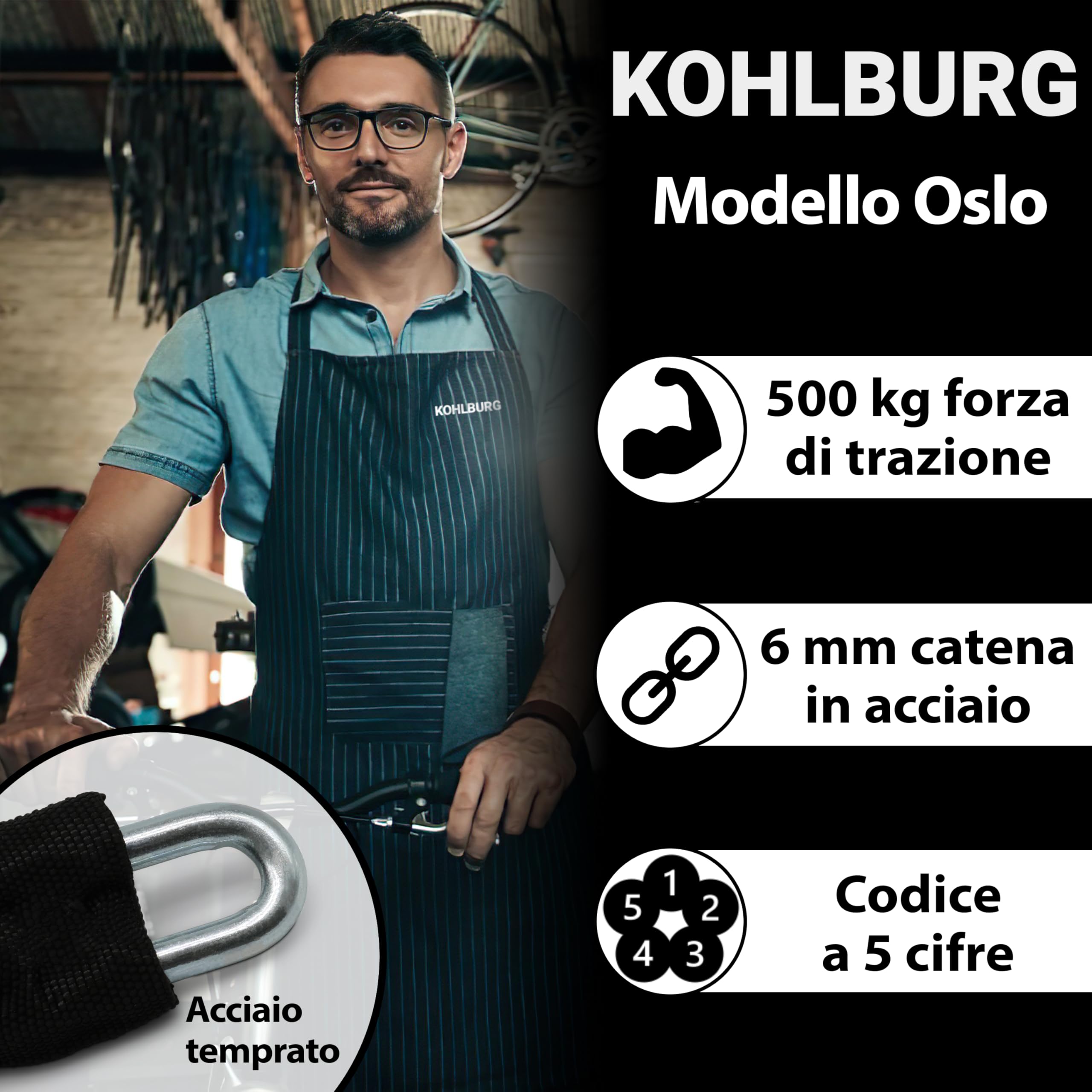 KOHLBURG lucchetto a combinazione molto lungo, 115 cm di lunghezza e 6 mm di spessore con codice numerico - lucchetto a catena con combinazione numerica - lucchetto di sicurezza per bicicletta