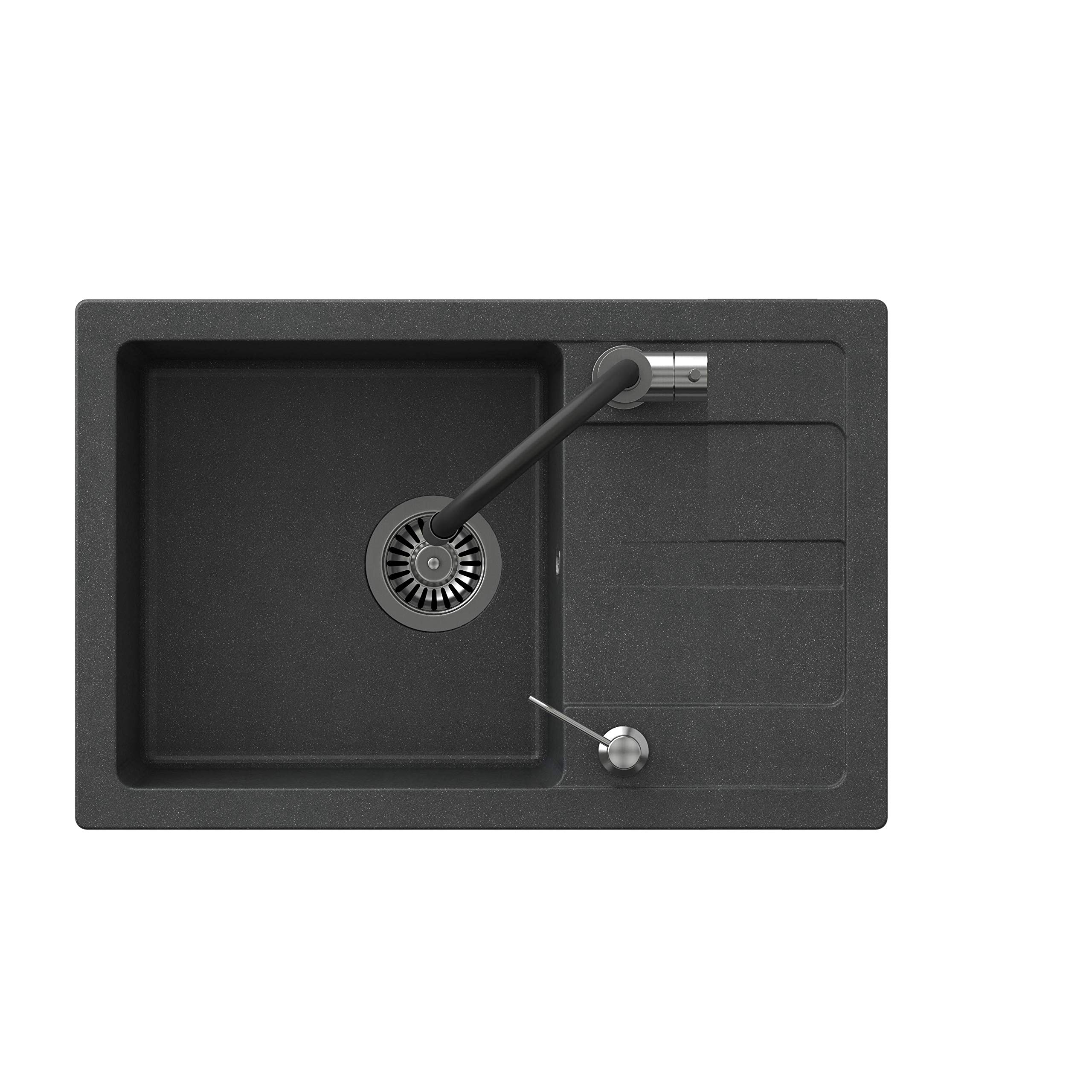 VBChome Spüle mit Armatur 62 x 44 cm Granit Schwarz Einzelbecken Küchenarmatür Flexible Armatur Einbauspüle Abtroffläche gesprenkelt reversibel Verbundspüle + Siphon Spülmittelspender