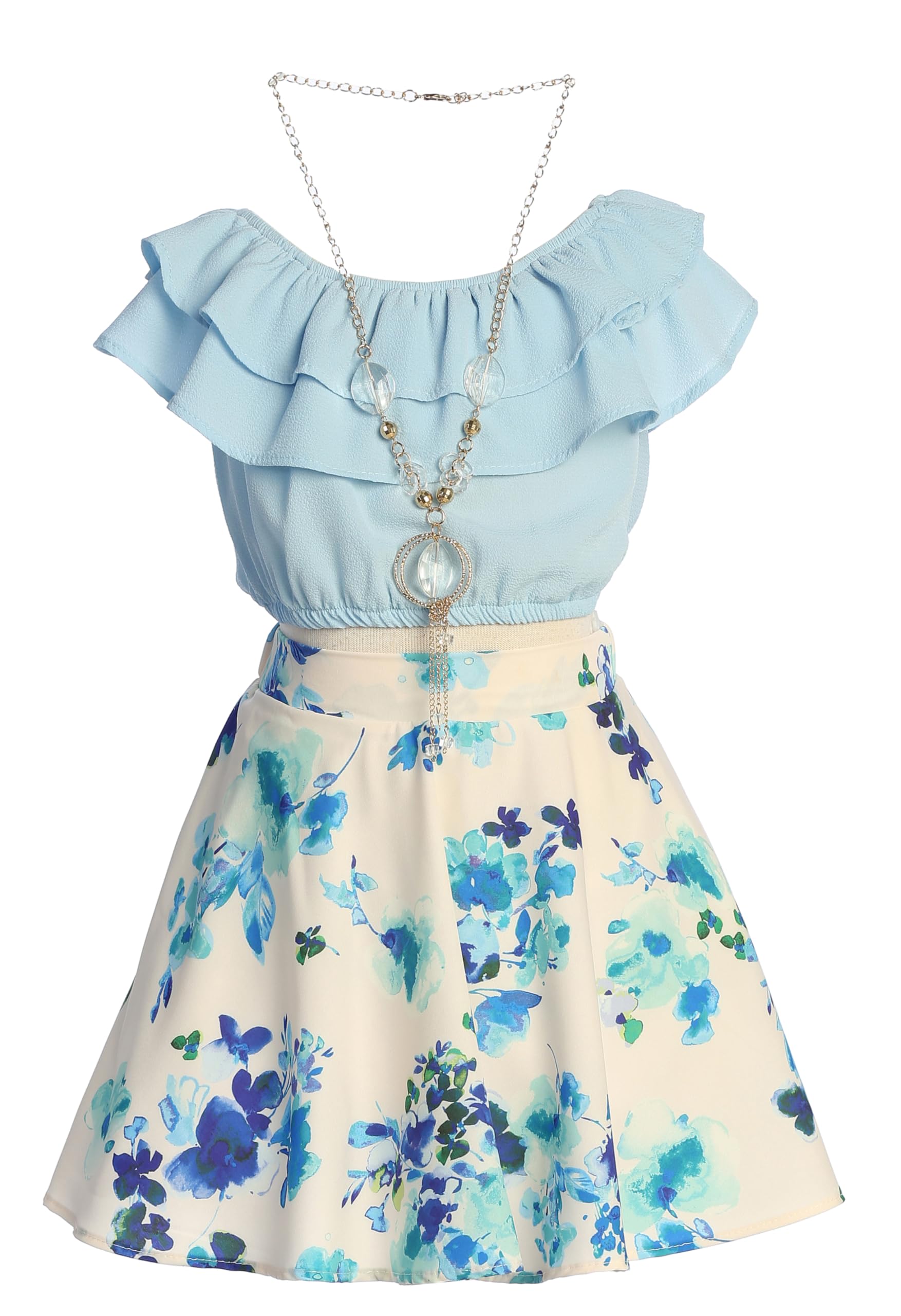 iGirlDress Girls Off Shoulder Crop Ruffle Layered Top and Skirt Set Outfit USA 4-14