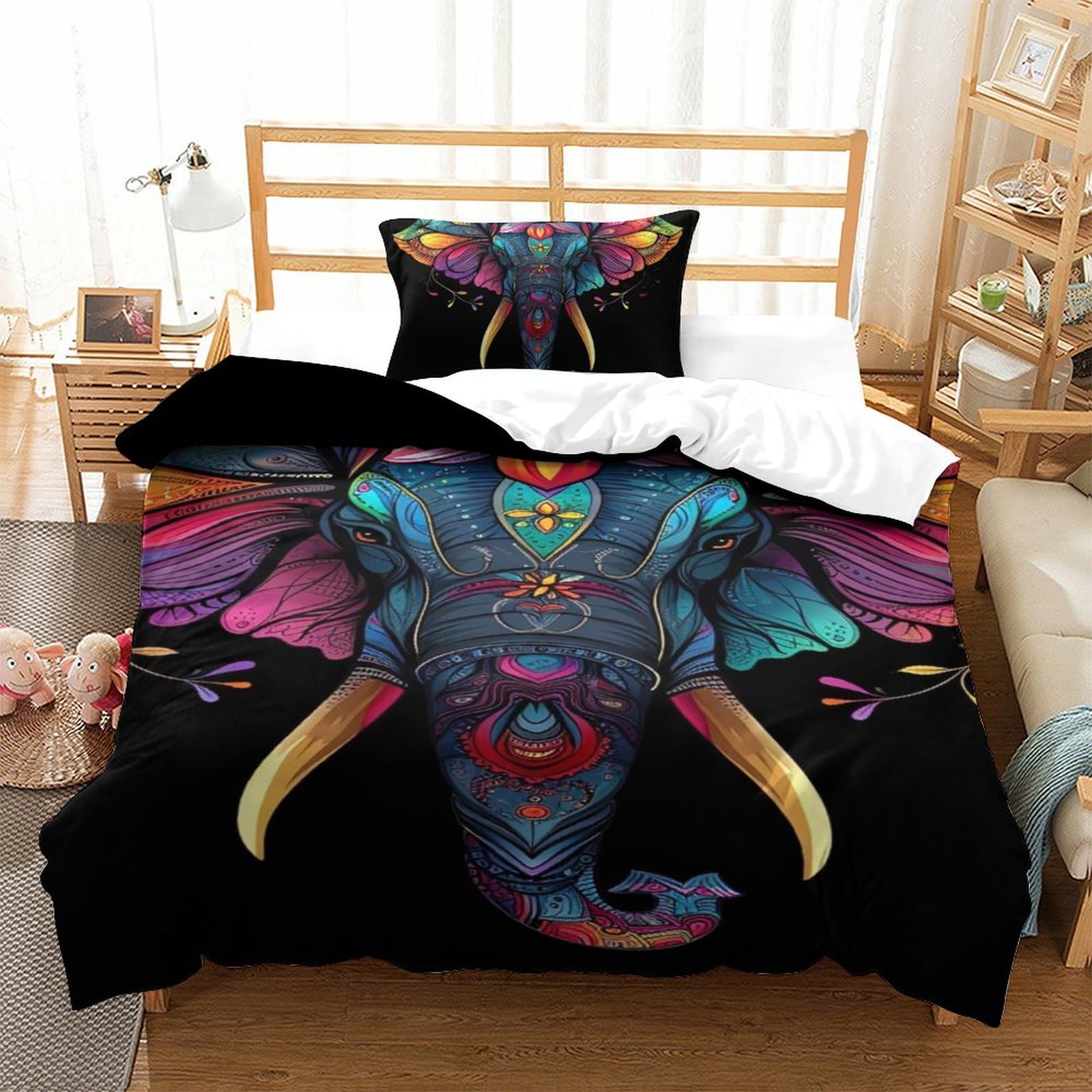 Housse de couette éléphants lit simple 135x200 parure de lit adulte taie d'oreiller