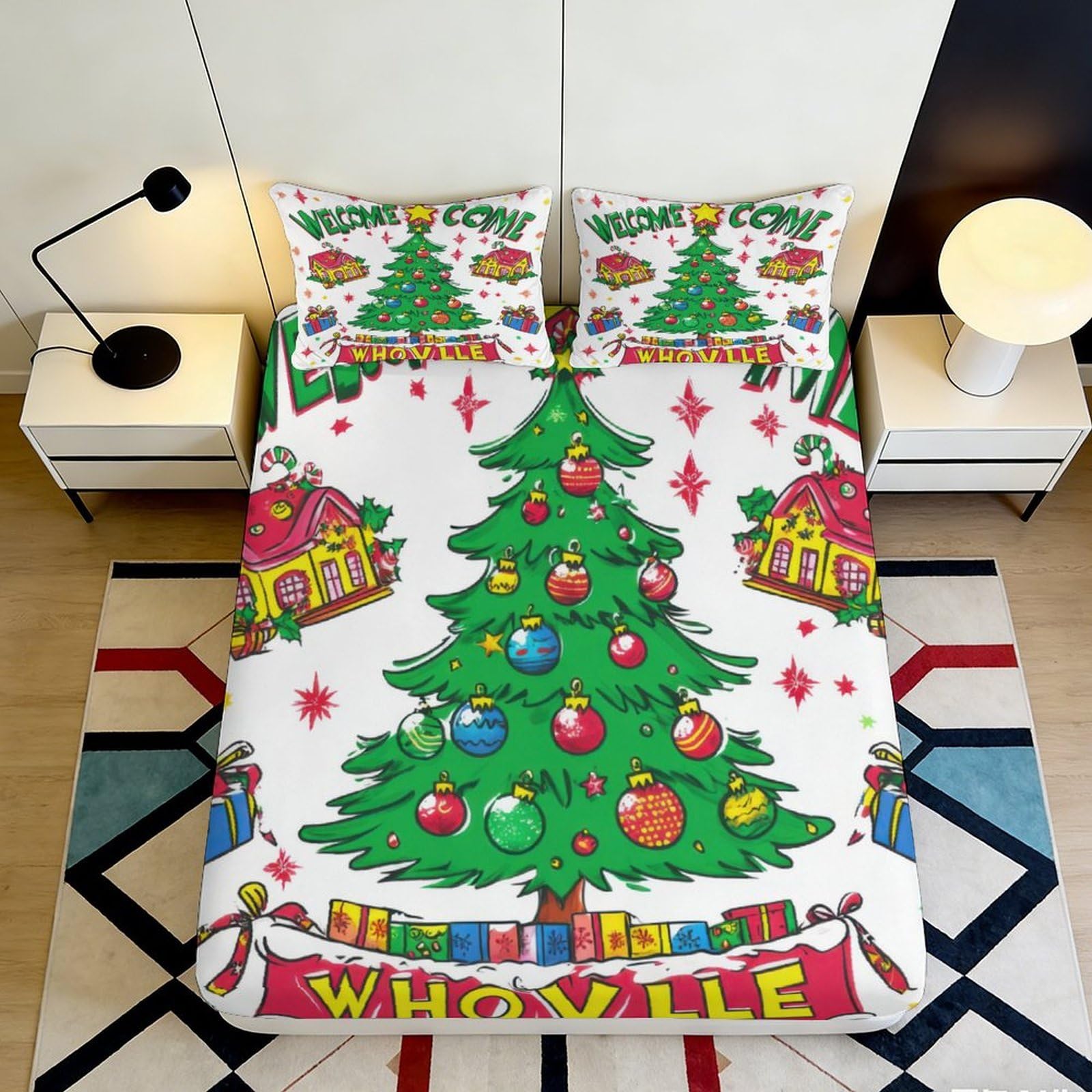 Pnayamiorkfel Style-4 3D Printed Christmas Tree Fitted Sheet Microfiber Soft Whoville Bed Cover For Bedroom Guest Room Dorm Decor 90X200x25cm