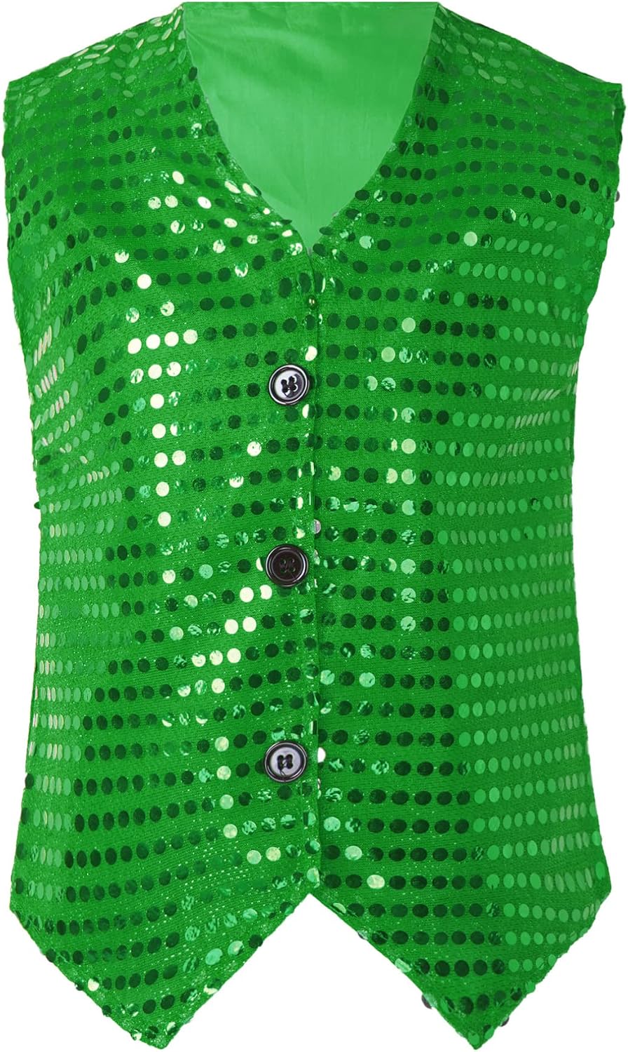 FEESHOW Kids Boys Girls Glittery Sequins Sleeveless Button Closure Vest Jacket for Stage Performance Show Dancewear
