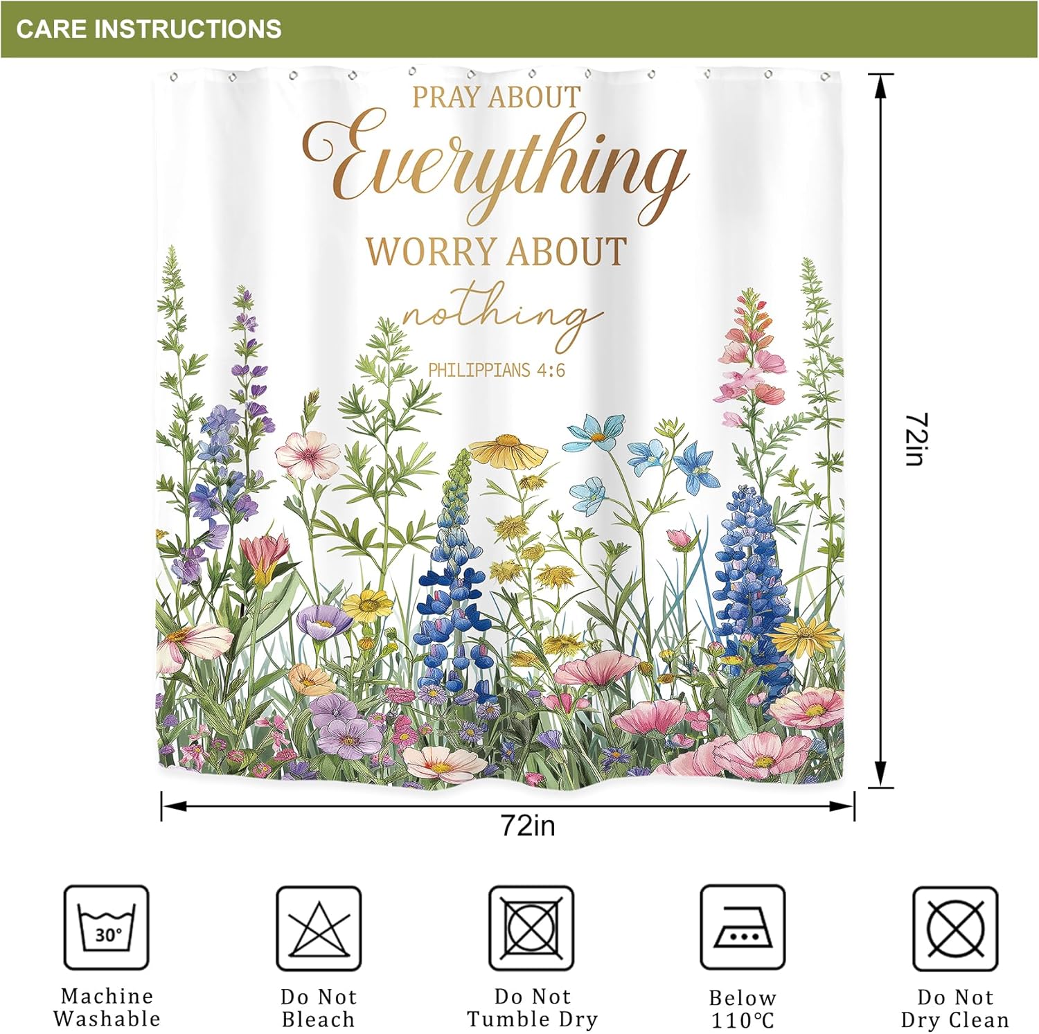 Riyidecor Bible Verse Floral Wildflower Shower Curtain for Bathroom Decor 72Wx72H Scripture Christian Positive Quotes Flower Botanical Art Printed Fabric Polyester Waterproof 12 Pack Plastic Hooks