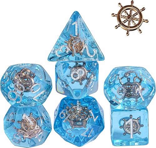 UDIXI Juego de 7 dados poliédricos rellenos de timón, dados DND azules con seda flotante blanca para Dungeons and Dragons RPG MTG y otros juegos de