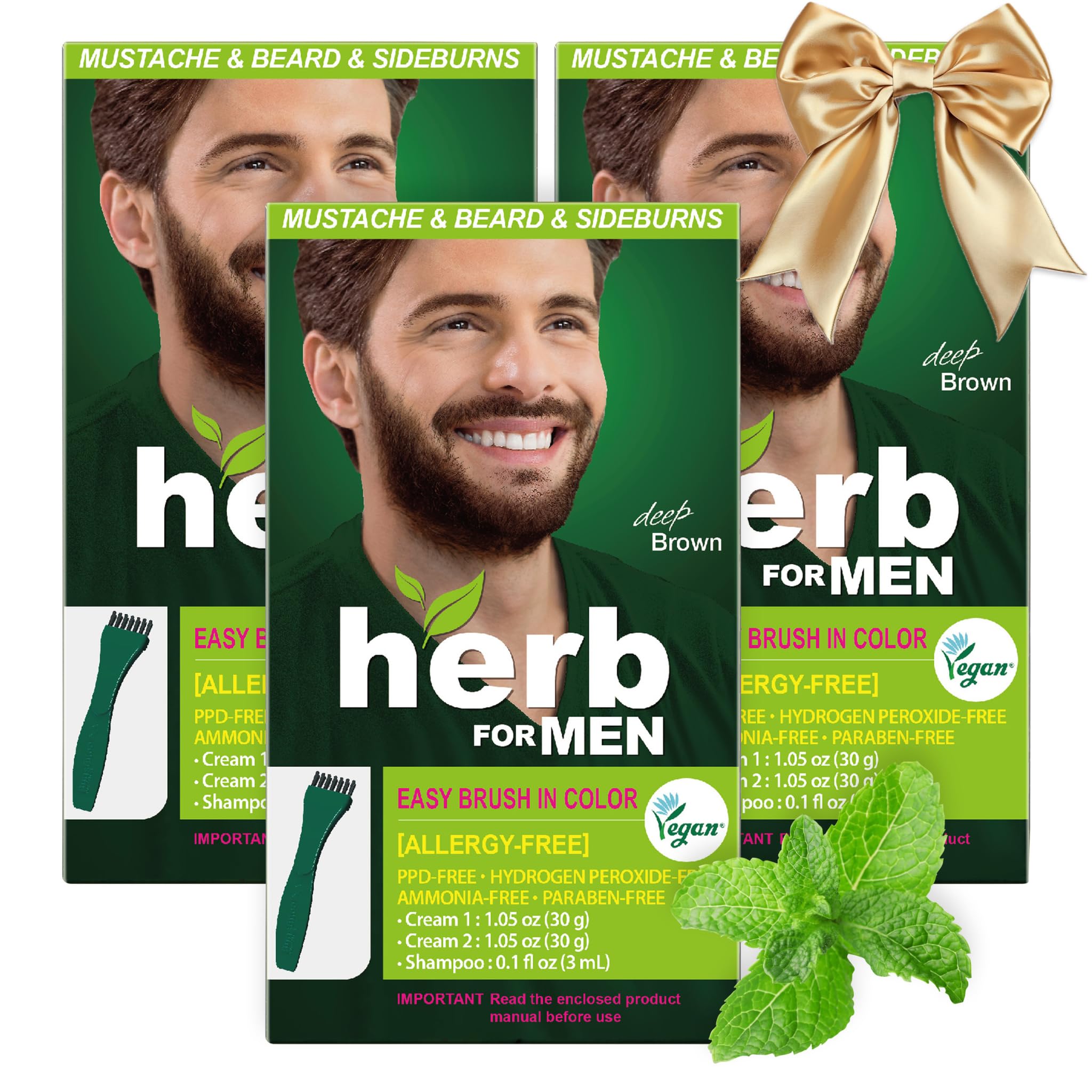 Herb For Men Mustache & Beard Dye (Deep Brown, 3 Pack), PPD-Free Ammonia-Free Hypoallergenic Beard Dye Vegan with Natural Ingredients, Odorless, Gentle for Sensitive Skin, No Skin Irritation