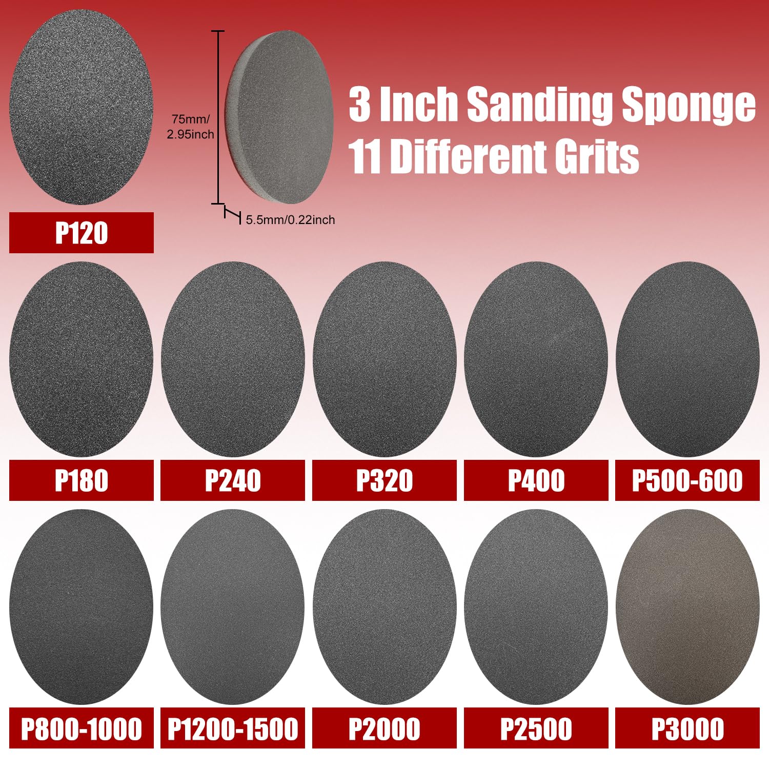 22 Pcs Grit Sanding Sponge Set,120-3000 Grit Flexible Foam Filled Sanding Pad,Wet And Dry Blocks Sandpapers Sheets for Wood & Metal,Railings,Furniture Polishing (2 Sizes,70 * 100 * 5mm,75 * 5.5mm) - Image 3