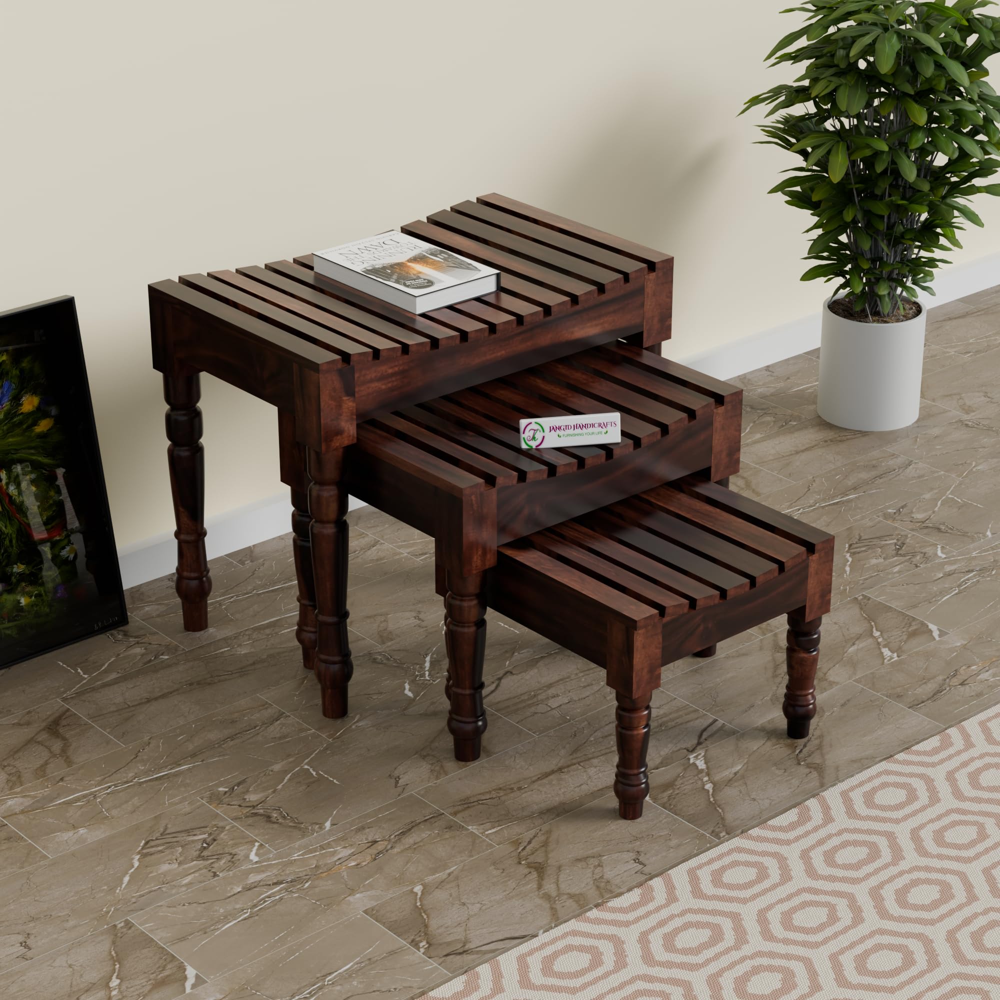 Jangid Handicraft Solid Sheesham Wood Nesting Table for Living Room | Wooden Nesting Tables Set of 3 with Design Legs for Decor | Side Table Set & Stool Furniture for Office & Garden | Walnut Finish-image-5