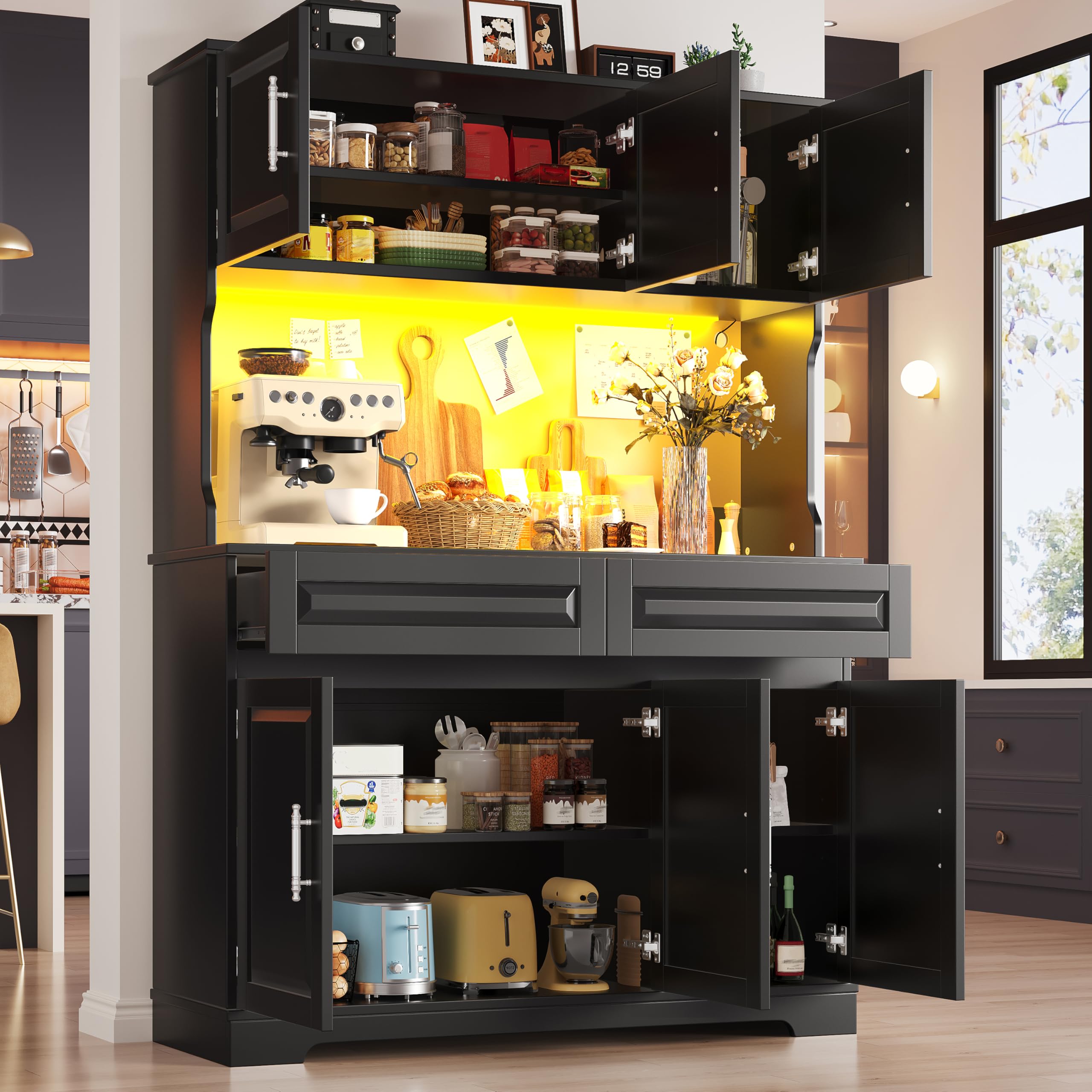Küchenschrank mit LED-Beleuchtung und USB-Ladeanschluss, Hochschrank mit Verstellbare Einlegeböden und Aufbewahrungsschrank, Küchenschränke mit Schublade, Schwarz-A, 108x40x180 cm
