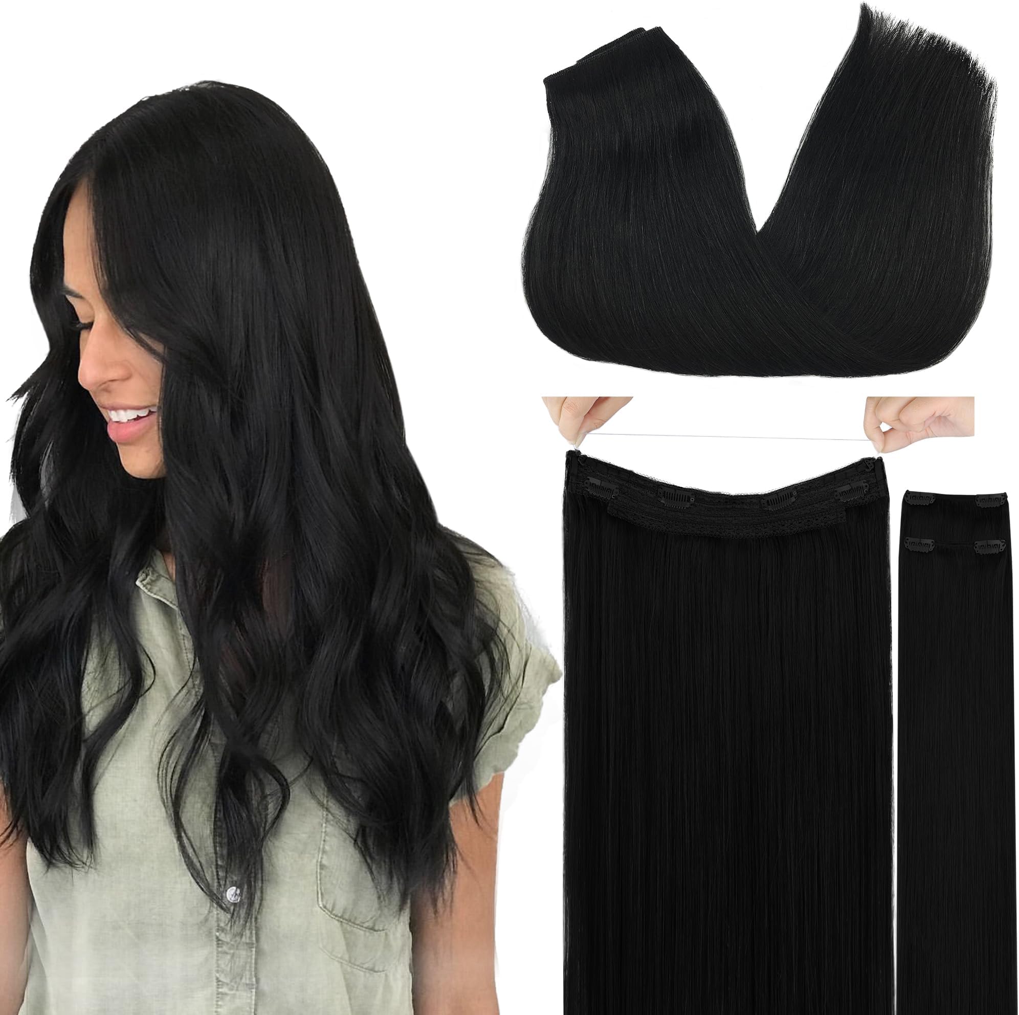 GOO GOO Wire Hair Extensions Human Hair, 1 Jet black Natural 18inch 125g, Invisible Wire Hair Extensions with Transparent, Seamless Fish Line Hairpiece