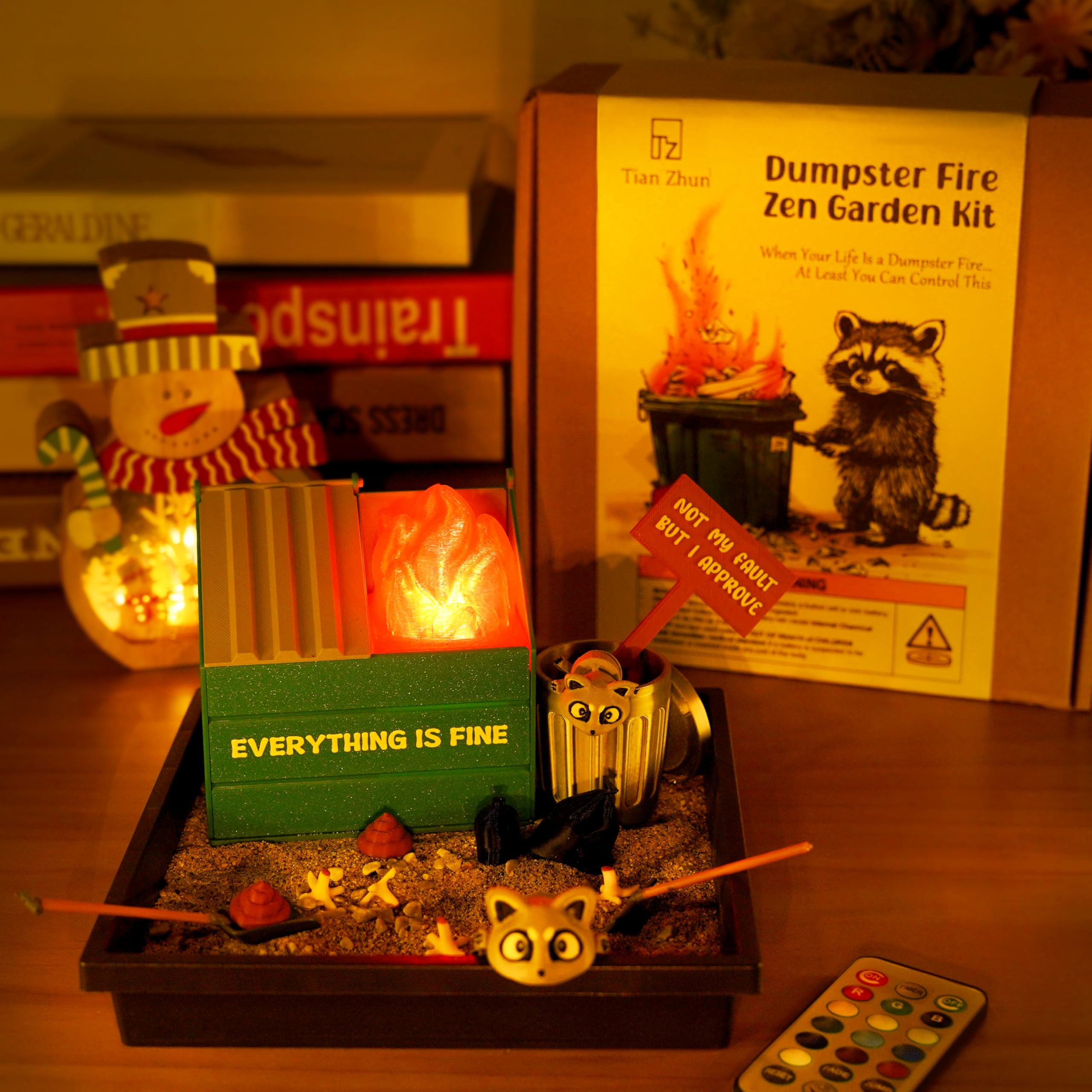 Tian Zhun Dumpster Fire Zen Garden per scrivania LED Mini Zen Garden Divertente vassoio di sabbia Kit terapia regalo ufficio elefante bianco regali bavaglio per colleghi di lavoro uomini capo adulti
