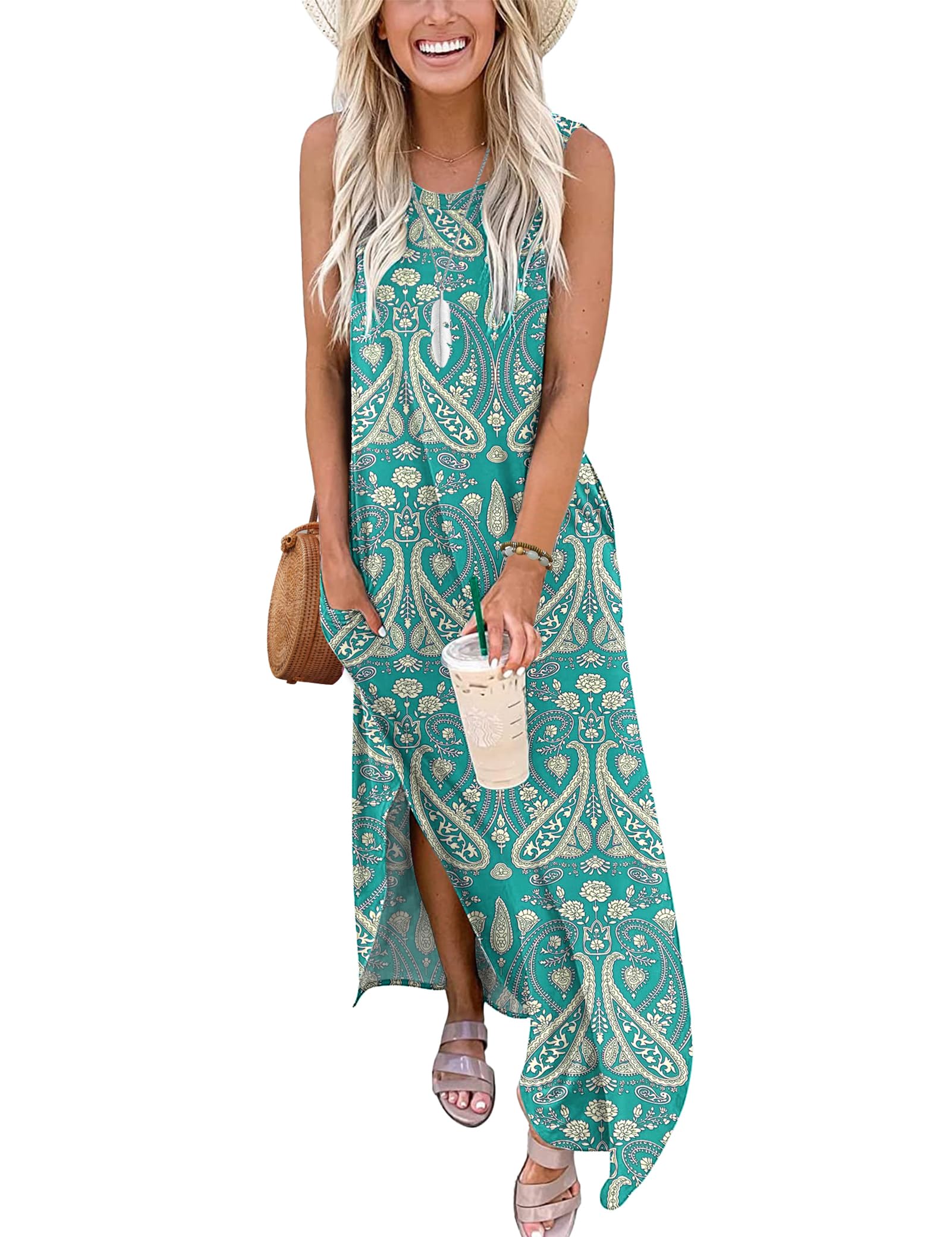 AUSELILY Vestito Lungo Donna Estivo Vestito da Spiaggia Mare Abito T-Shirt Donna Lungo Maxi con Spacco Laterale e Tasche