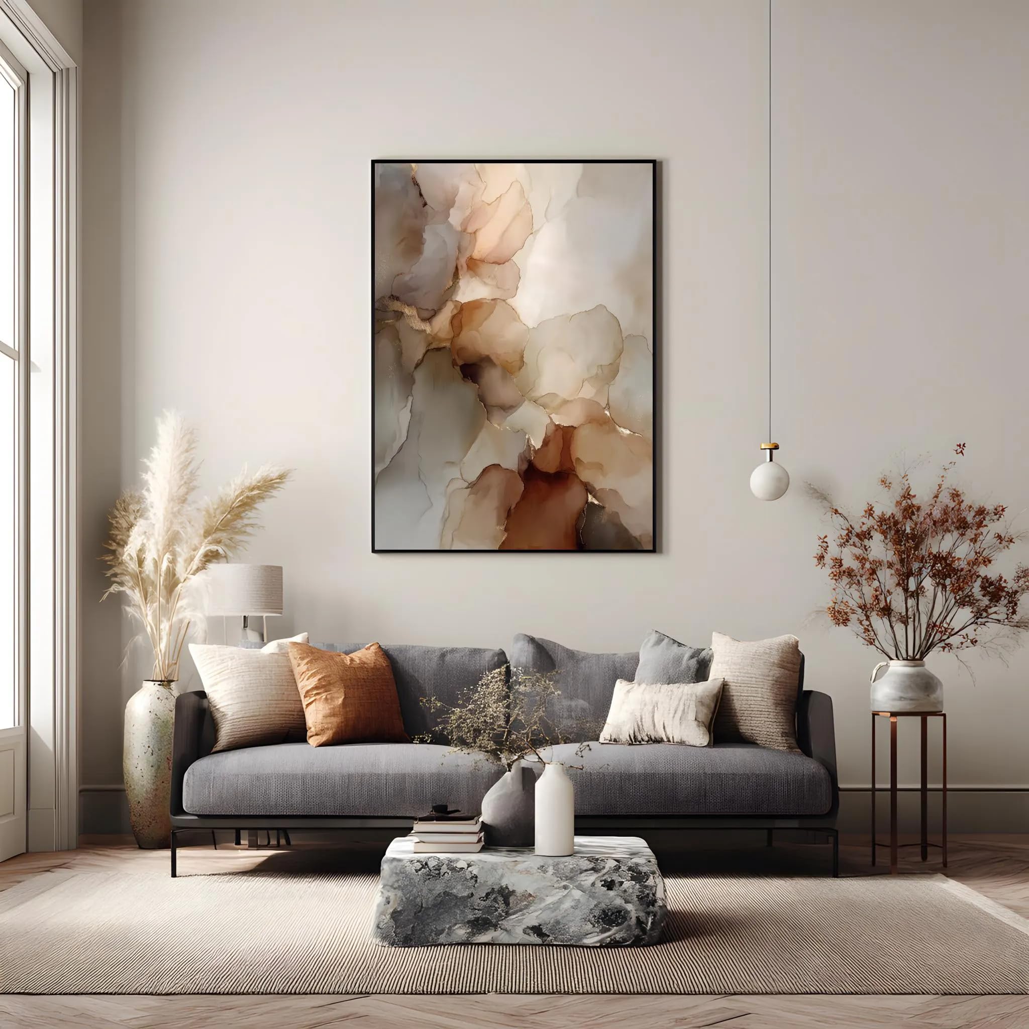 UUDEZO Beżowo-złoty plakat boho, elegancka dekoracja mieszkania – neutralna abstrakcyjna sztuka ścienna (30 x 45 cm (12 x 18 cali)