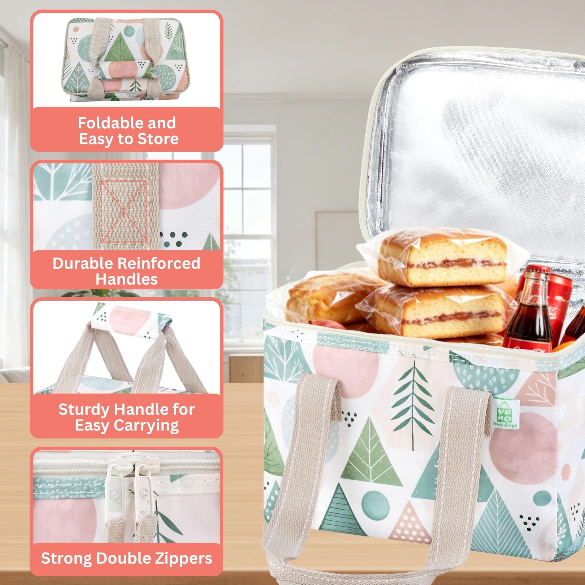 VENO 2/3 Pack Kühltasche Isolierte Lebensmittel-Lieferung, strapazierfähig, Pastel Forest, Lunch Bag - 2 Pack | Große, faltbare Einkaufstasche, wiederverwendbar, Kühltasche