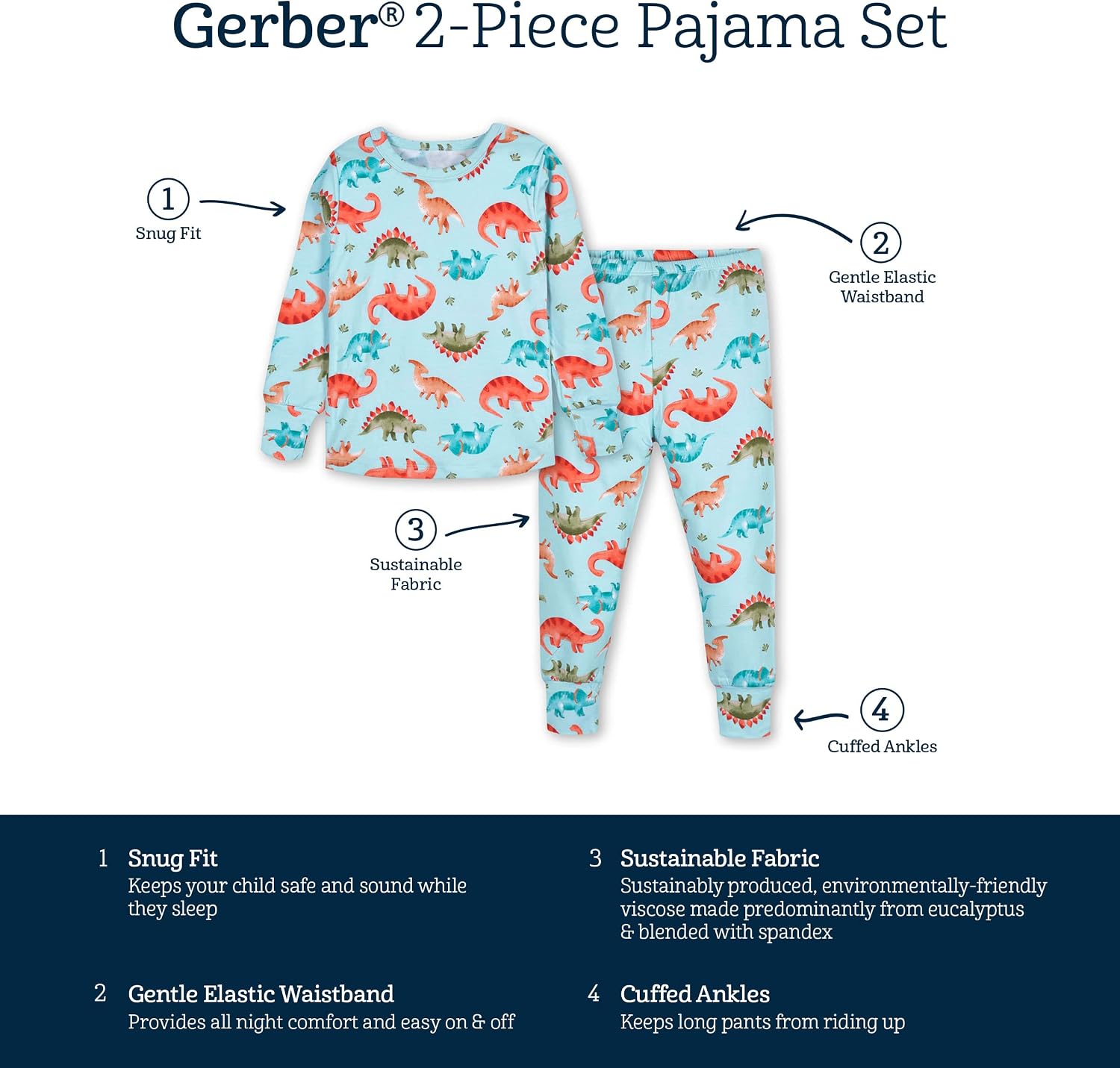 Gerber Unisex Baby Toddler Buttery Soft 2-Piece Snug Fit Pajamas with Viscose Made from Eucalyptus