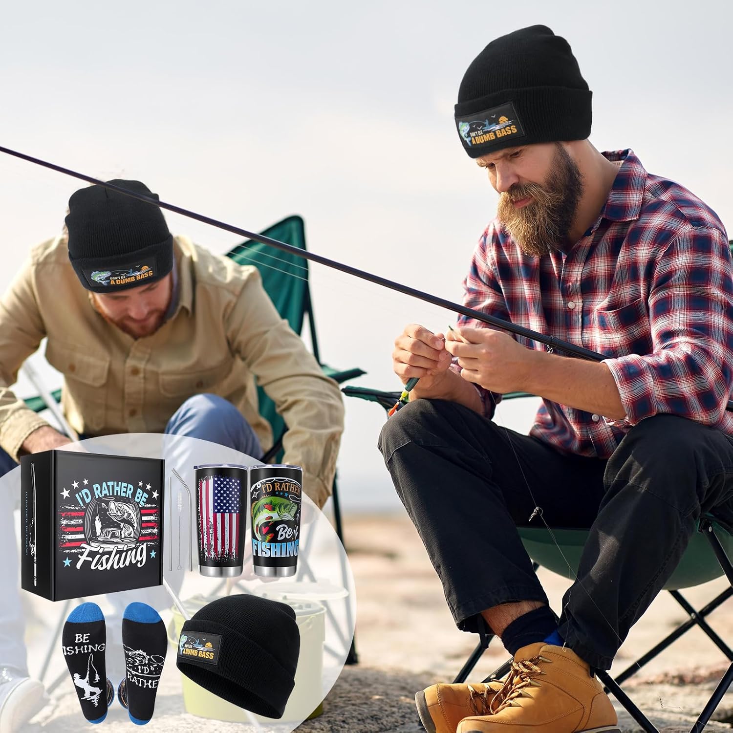 Fishing Gifts for Men Include Fishing Theme Beanie Socks Tumbler Gift Box for Dad Fathers Day Birthday Christmas Thanksgiving Black - Image 7