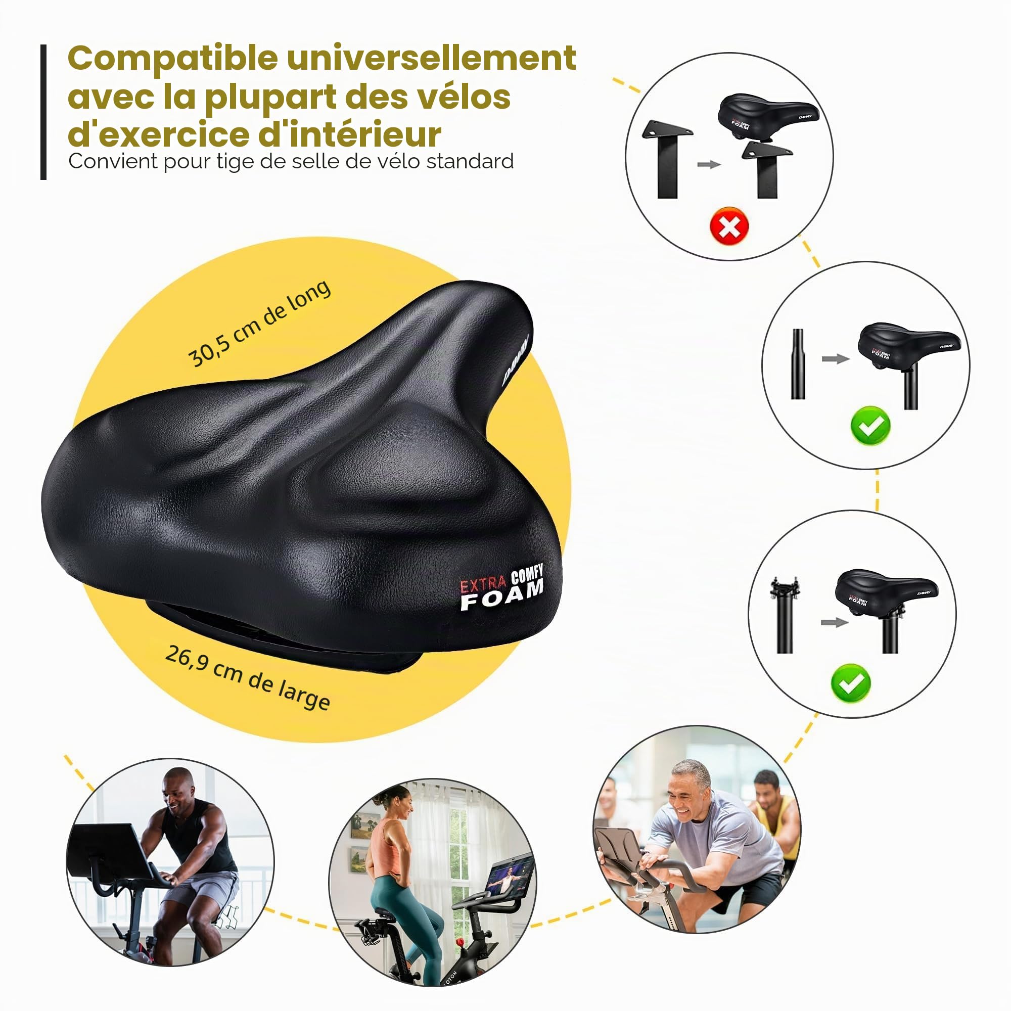 DAWAY C50 Selle de vélo surdimensionnée et confortable - Selle de vélo extra large avec coussin en mousse à mémoire de forme pour homme et femme, compatible avec Peloton, exercice, VTT, vélos de route