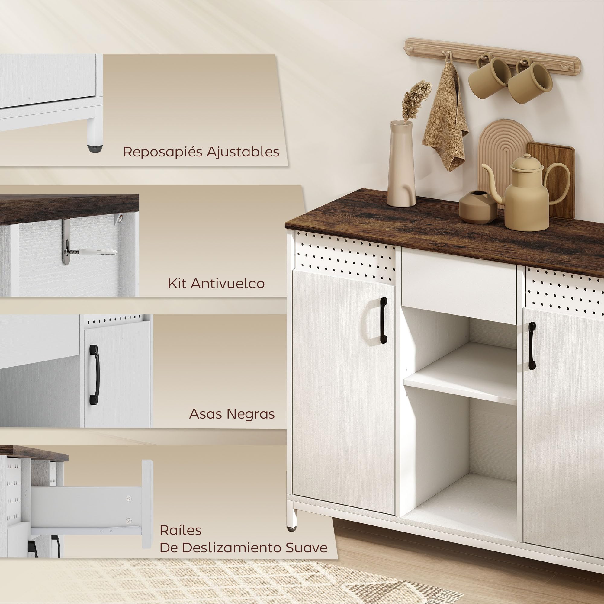 HOMCOM Aparador de 2 Puertas con Tablero Colgante 100x40x80 cm Blanco | Aparador para Salón, Cajón, Compartimentos Abiertos, Estantes Ajustables, para Cocina, Entrada, Oficina