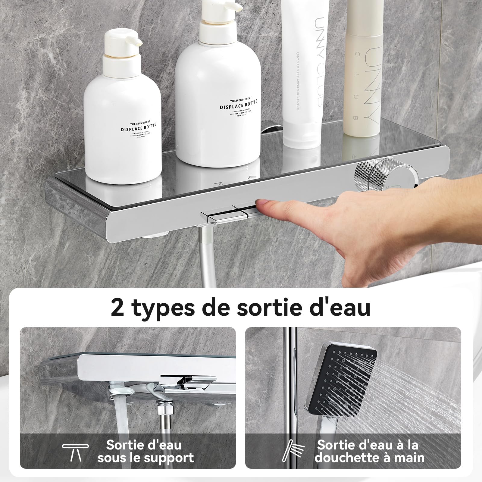 Auralum Robinet Baignoire avec Douche - Douchette Réglable en Hauteur avec 6 Modes de Jet - Ensemble Douche Salle de Bain à Touches Piano - Tuyau Acier Inoxydable 1.5m - Chromé