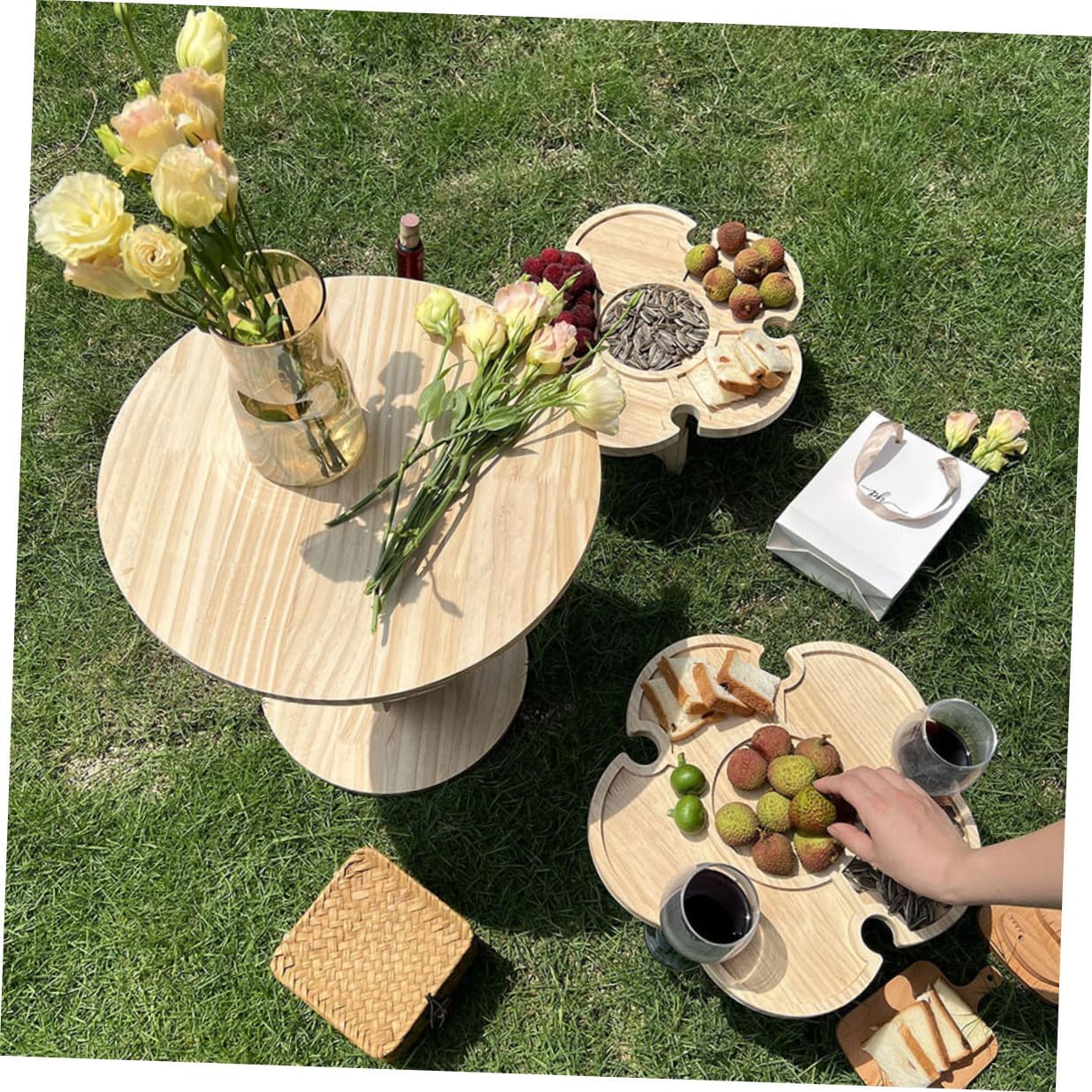 Portable Folding Picnic Table Wooden Outdoor Wine Desk for Beach, Travel, BBQ with 35cm Diameter Petal Tray, Lightweight Patio Furniture for Picnic and Camping