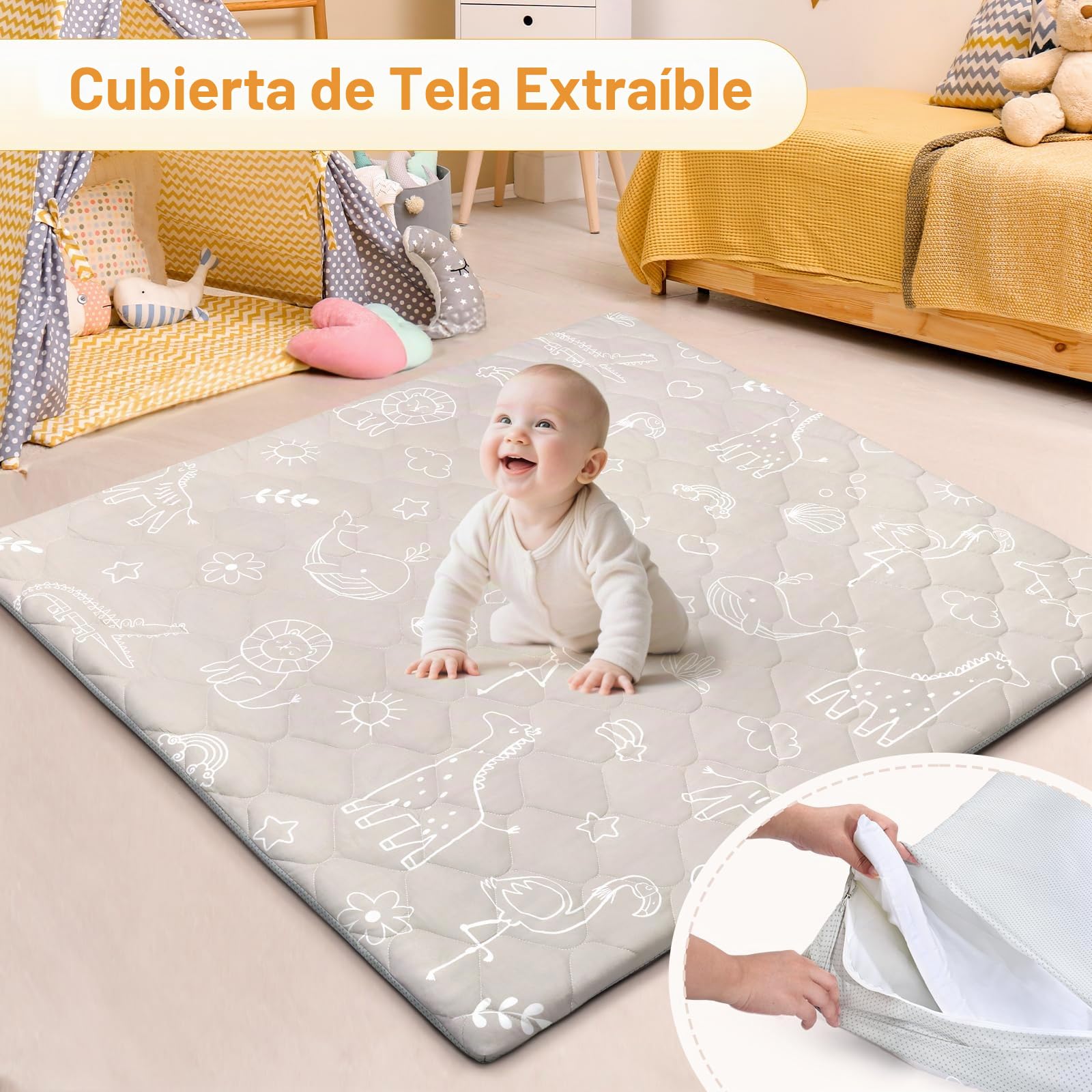 Alfombra Bebe 127×127 cm Desmontable Plegable, Espesar 2cm Alfombra Juegos Bebes Antideslizante, Tapete de Actividades Bebe Alfombras de Gateo Apto para Interior/Exterior/Valla (Animales con Líneas)