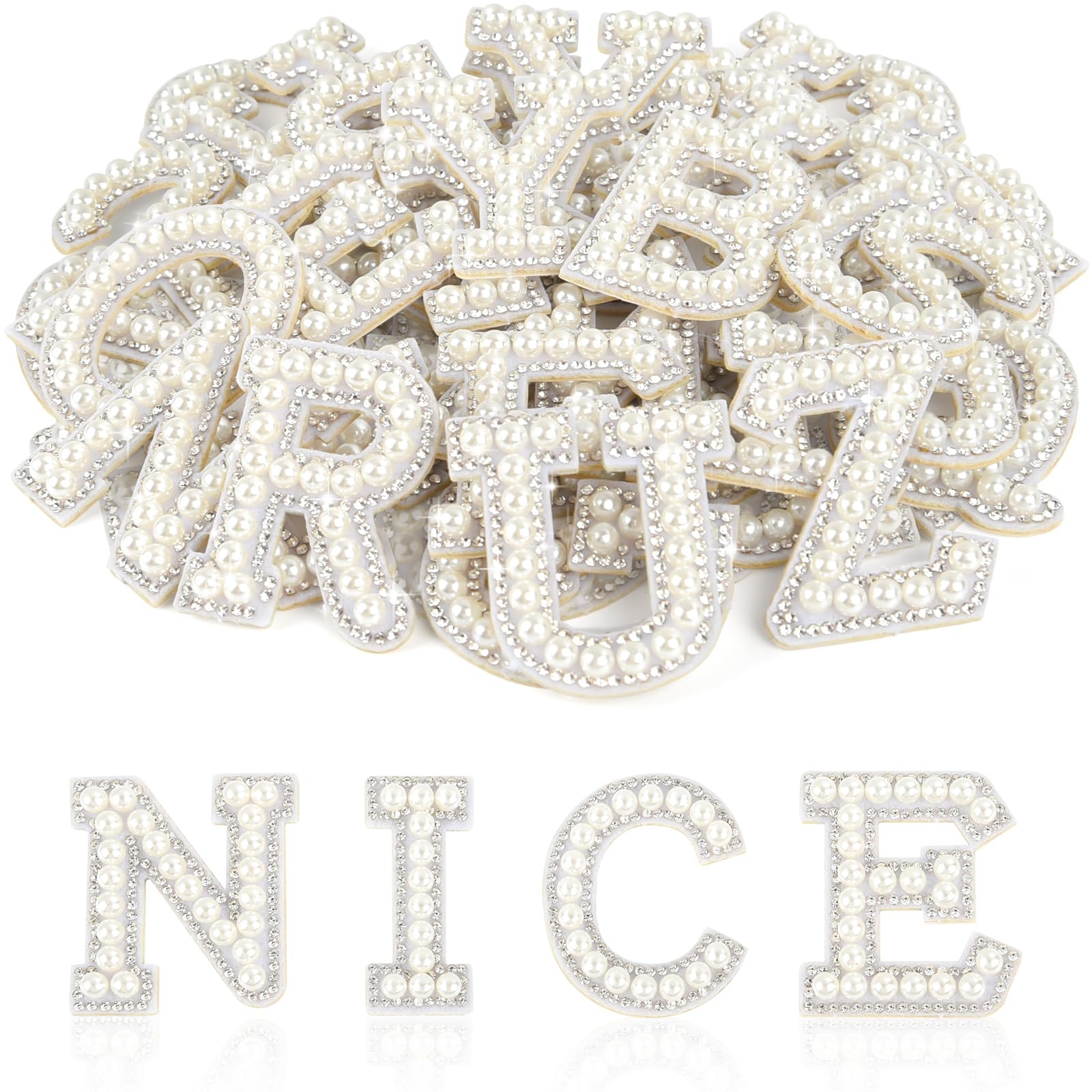 ASTARON 52 Pcs Self Adhesive Letter Patches Pearl Rhinestone Letter Stickers, Glitter Rhinestone Letters A-Z Embroidered Applique Patches Alphabet Cloth Patch for Clothes, Bags, Hat, Phone Case, DIY