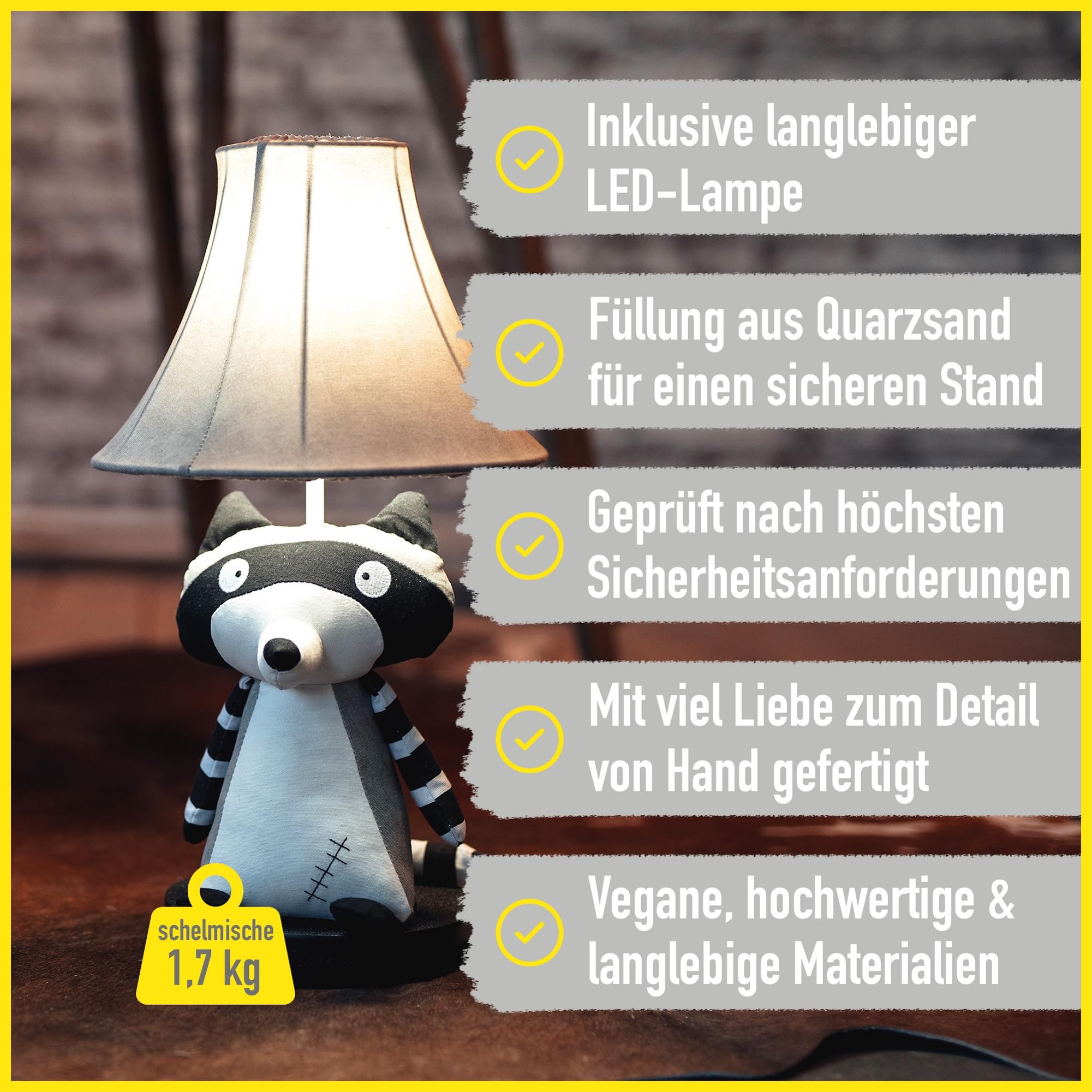 Happy Lamps for smiling eyes Ben Tischleuchte, Waschbärlampe, 47 cm hoch, Dekoleuchte, Handarbeit, super sicher, hochwertige Tischlampe, top Qualität, inkl. LED & Standfuß