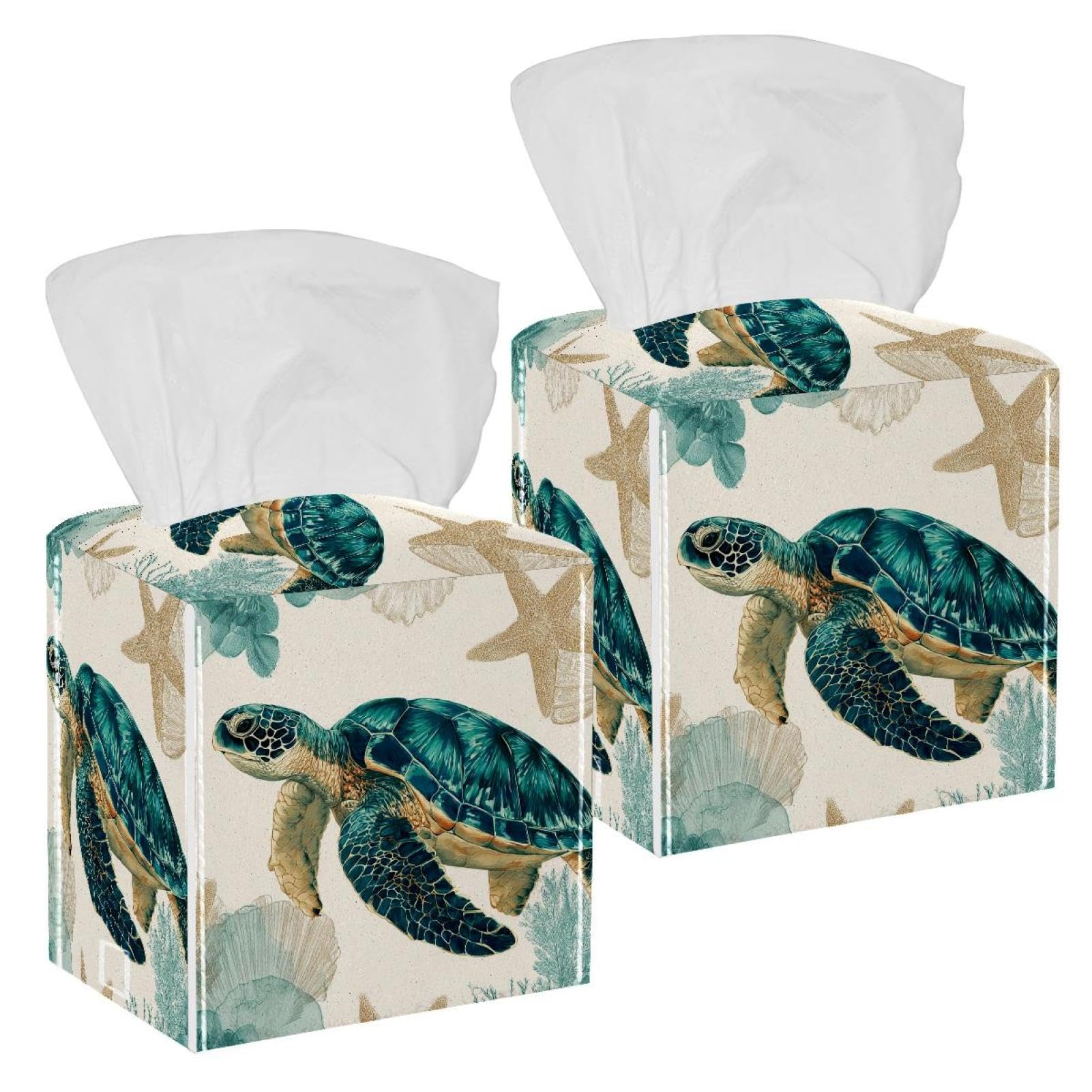Sea ​​Turtle Tissue Box Cover, 2 Pack PU Leather Square Facial Tissue Dispenser Box holder for Home Office Car