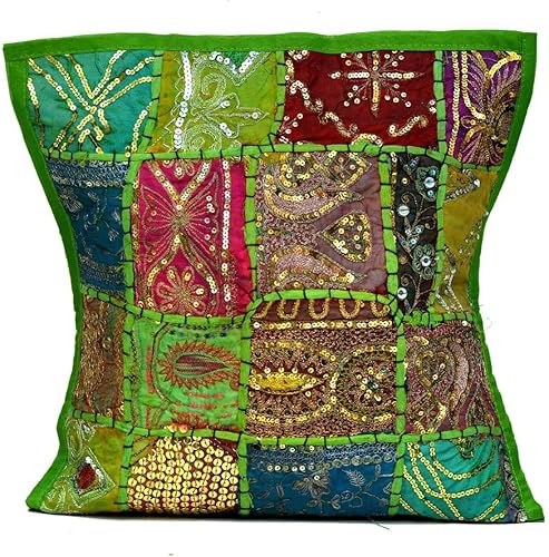 Sophia-Art Funda de cojín decorativa de algodón con parches bordados de lentejuelas, flores étnicas, hojas, geométricas, cuadradas, dispersas, funda