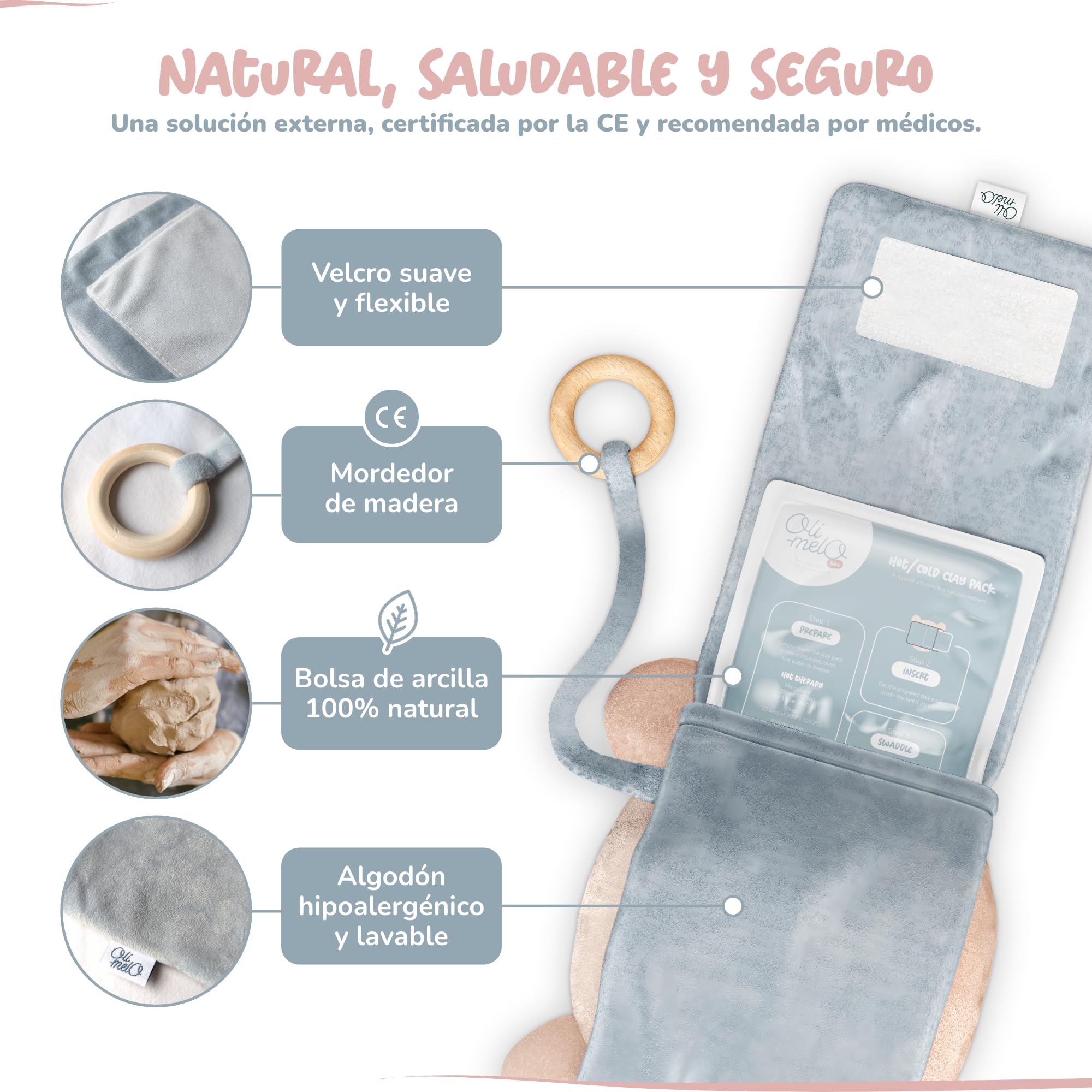 Alivio de Cólicos y Gases para Bebés - Calor y Frío - Almohadilla de Arcilla para Barriguita y Reflujo - CE Certificado - Mordedera de Madera, Banda de Peluche, Infantes