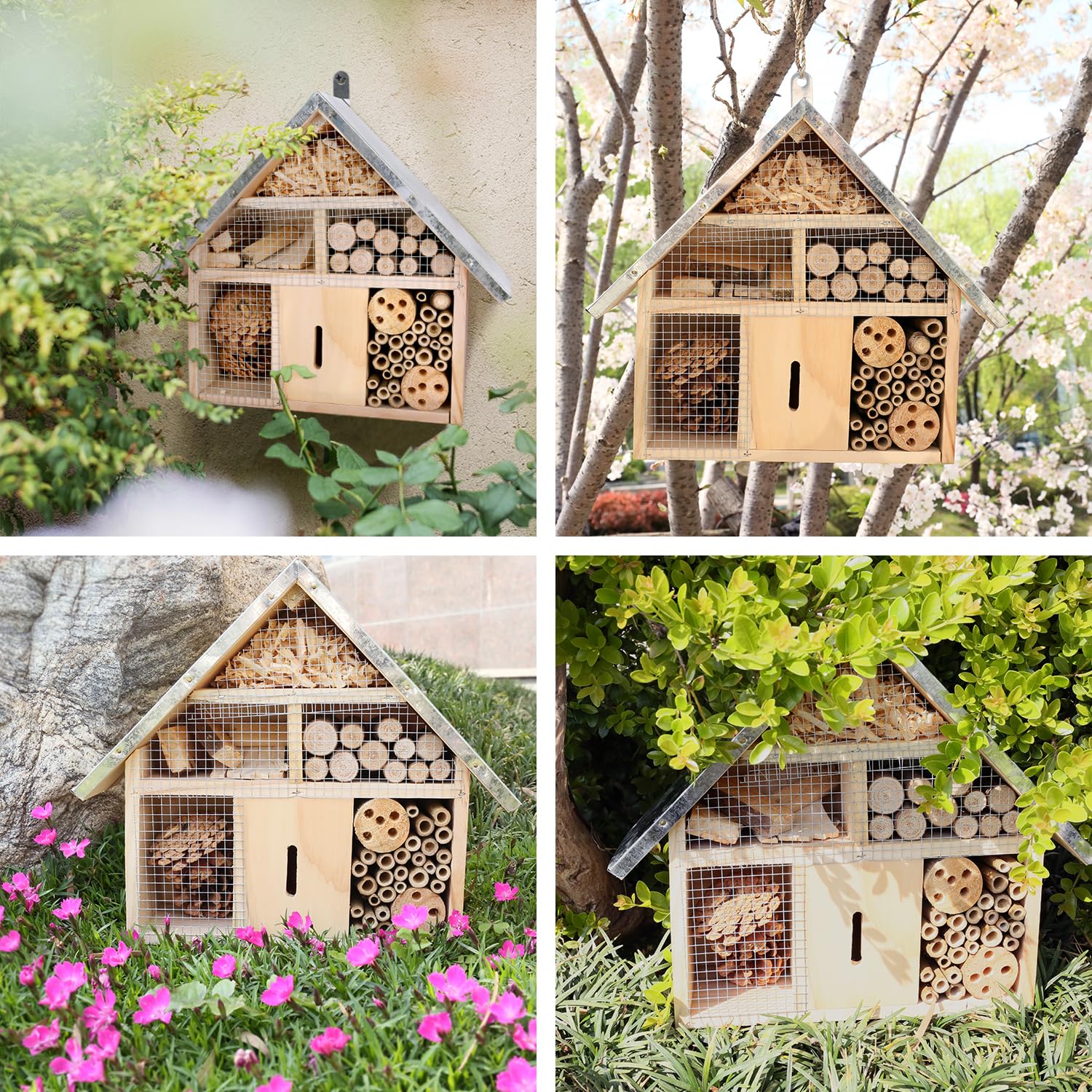 antiai Casetta in legno per insetti, api, farfalle, hotel, un habitat in bambù da appendere all'aperto per coccinelle dal vivo, scatola per api, habitat per farfalle per giardino, 31 x 30 x 9 cm