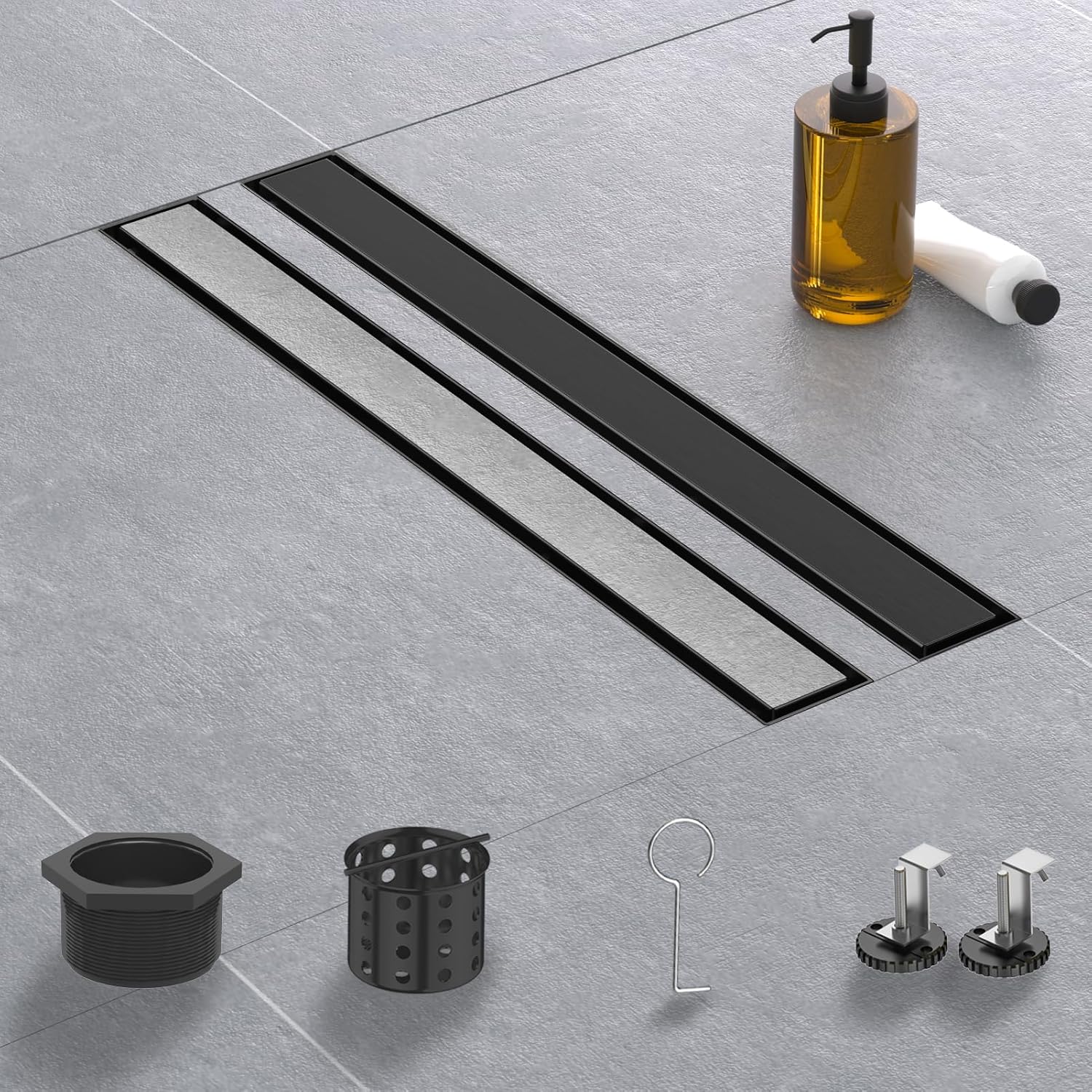 Linear Shower Drain, 12 Inch Matte Black 304 Stainless Steel Shower Drain with Tile Insert Panels, Long Rectangle Shower Floor Drain with Adjustable Feet, Hair Catcher, Fits Bathroom, Balcony