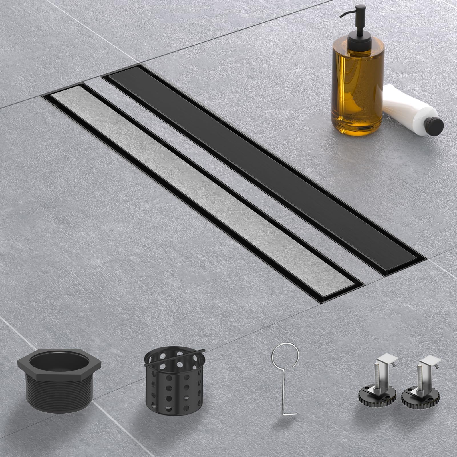 Linear Shower Drain, 48 Inch Matte Black 304 Stainless Steel Shower Drain with Tile Insert Panels, Long Rectangle Shower Floor Drain with Adjustable Feet, Hair Catcher, Fits Bathroom, Balcony