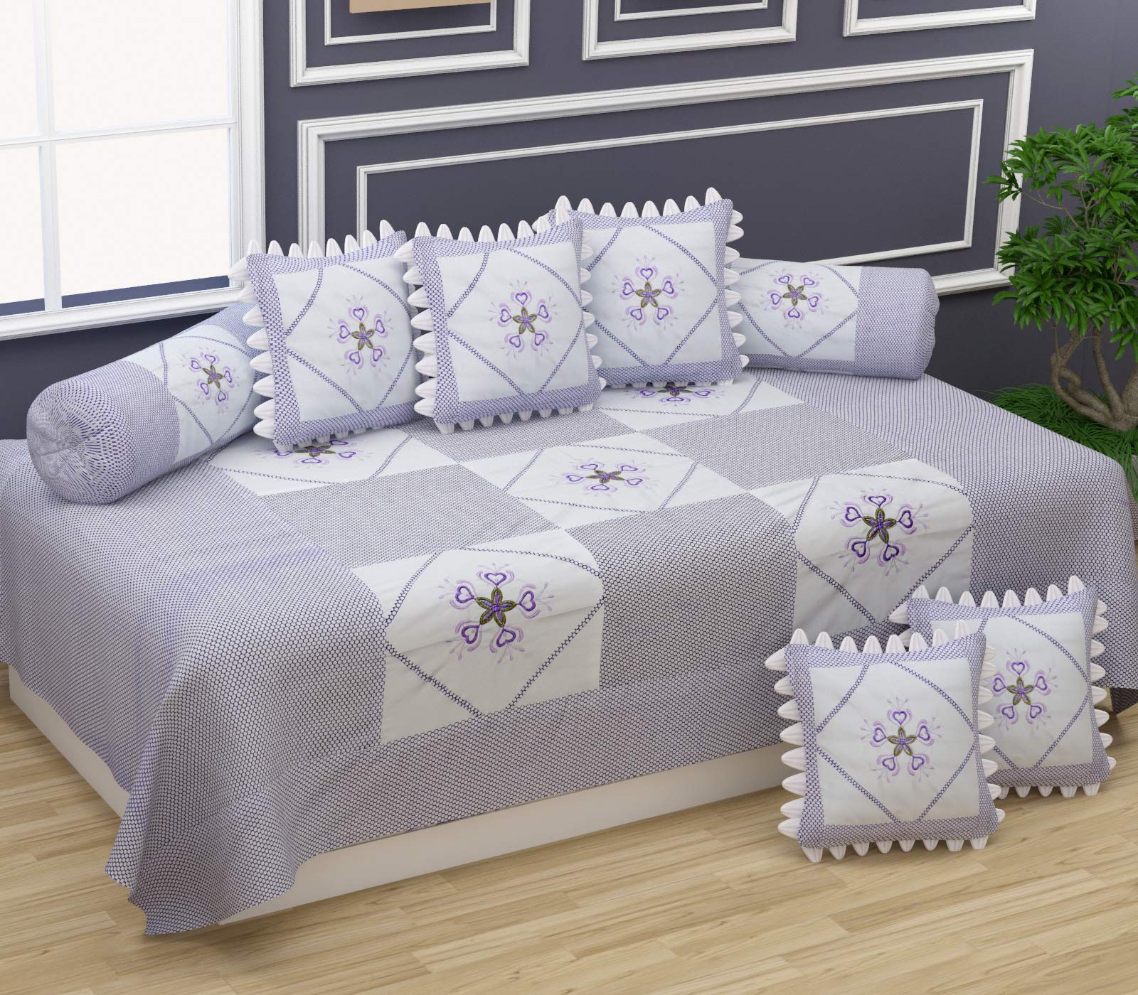 Cotton Fabric 400TC Diwan Set (60X90 Inch Bedsheet 16x16inch Cushion Covers 18x28 inch Bolster Covers Color-Purple)-image-44