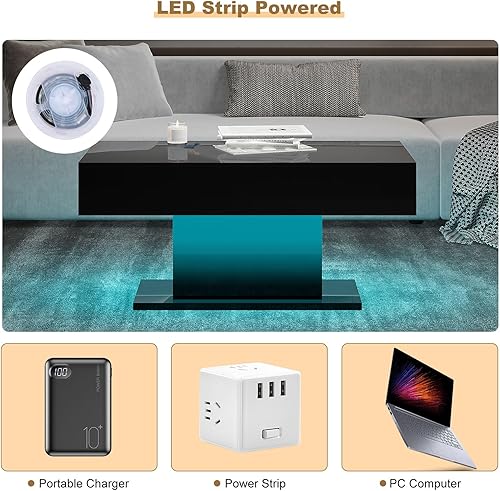 Miniatura 4 de Mesa de centro LED para sala de estar, mesa de centro moderna de alto brillo con luces LED de 16 colores, mesa de centro rectangular inteligente de
