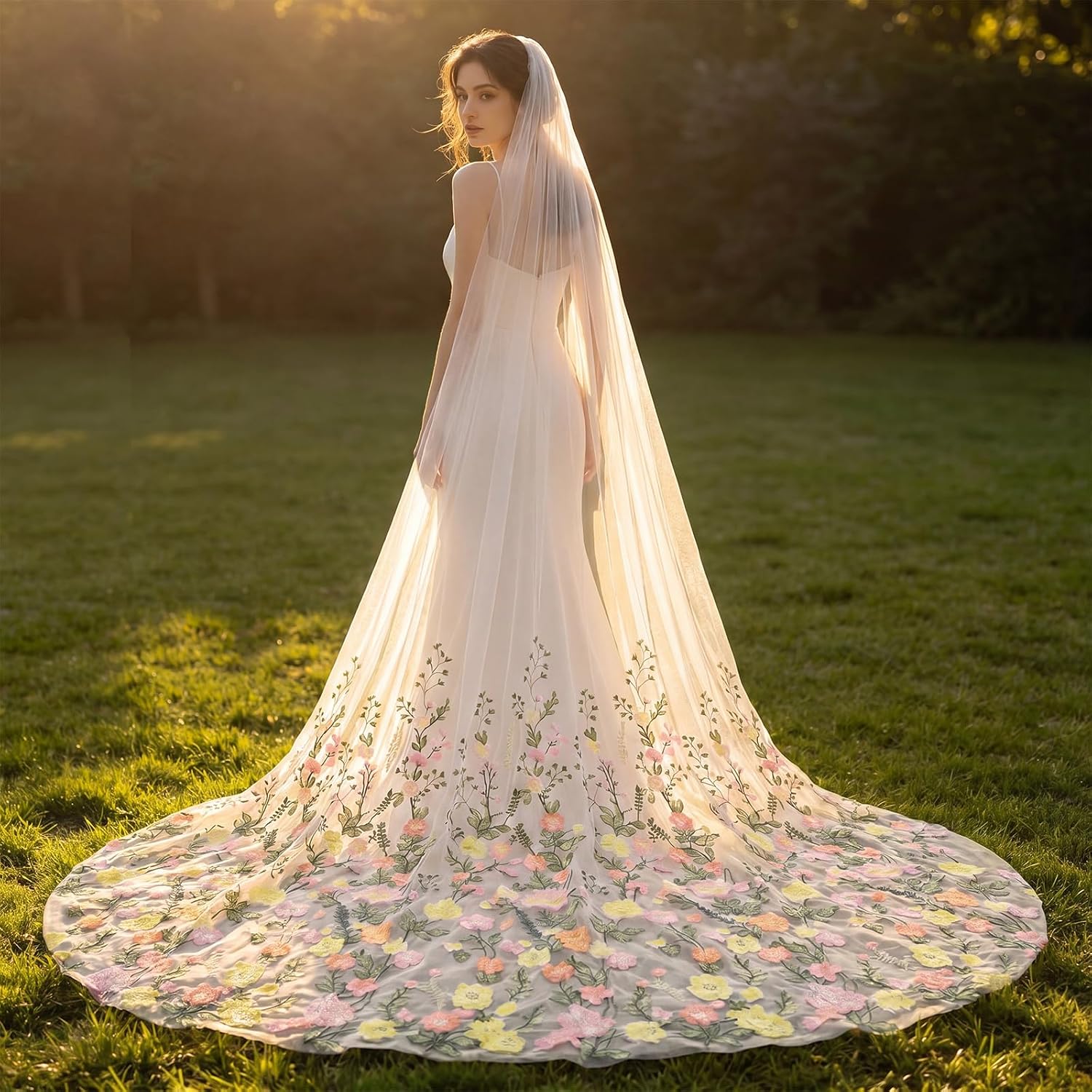 Wesiti Wedding Veils 110" Long Floral Embroidery Veil Bridal Cathedral Veils Bride Tulle Veil for Bride Women Wedding Party Accessories Garden Ceremony Photo Decor